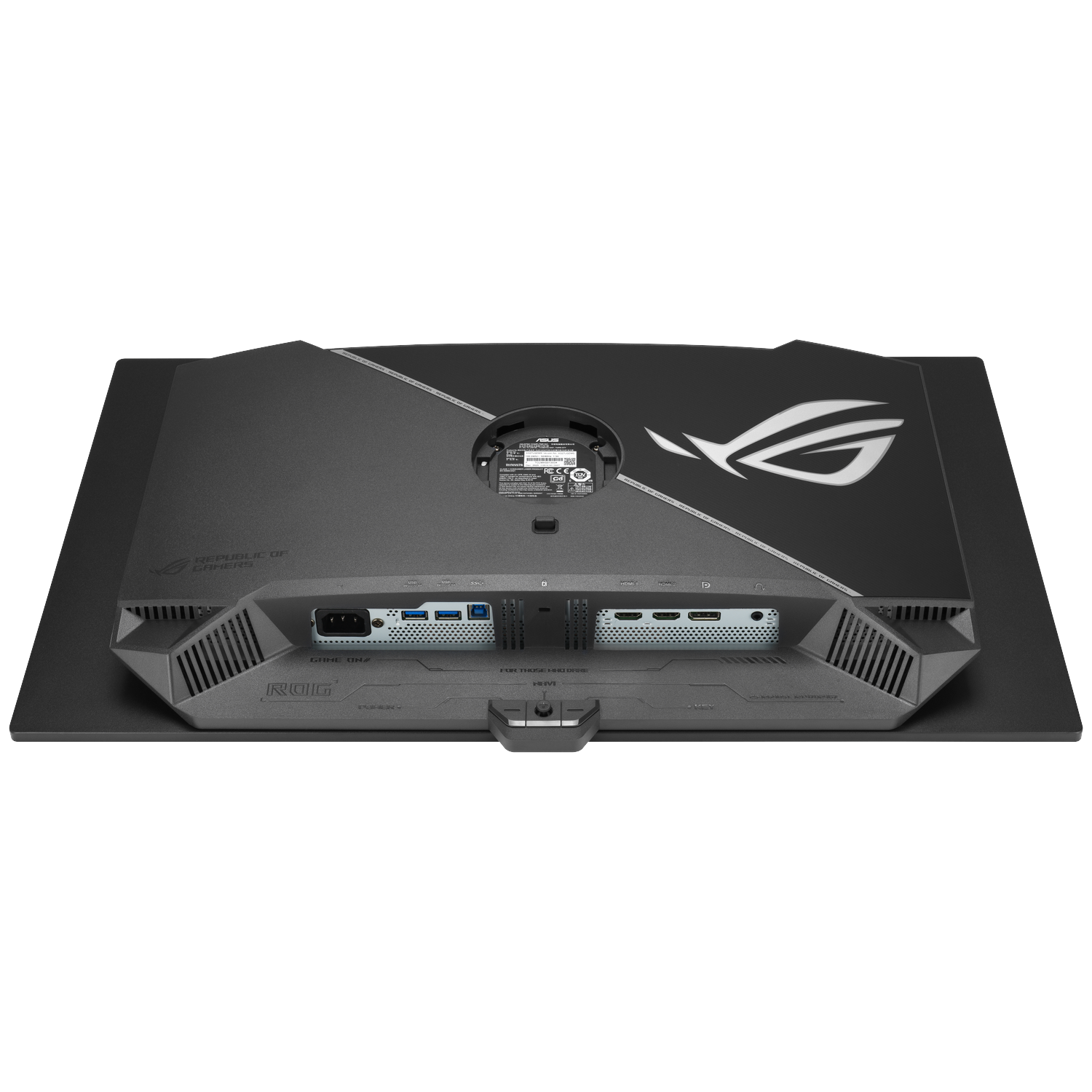 Back of a black monitor showing ports and the ROG logo.