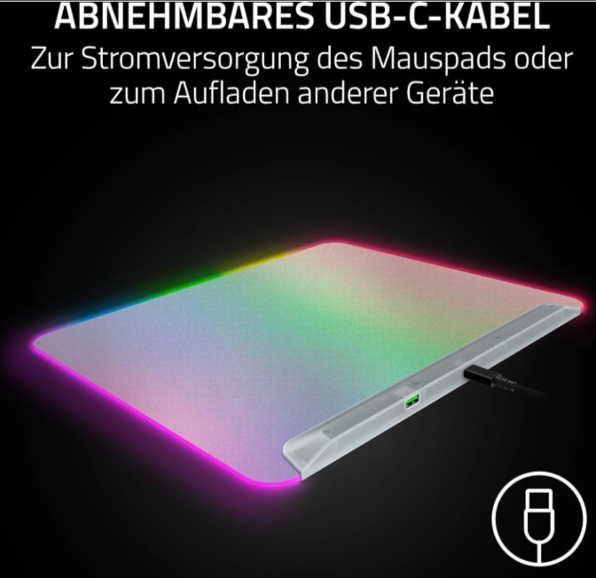 Ein leuchtendes RGB-Mauspad mit angeschlossenem USB-C-Kabel.