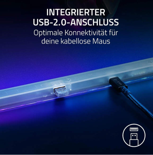 Integrierter USB 2.0-Anschluss für kabellose Mäuse mit blauer Beleuchtung.