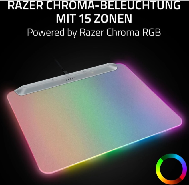 Razer Mauspad mit 15 beleuchteten Zonen und RGB-Beleuchtung.