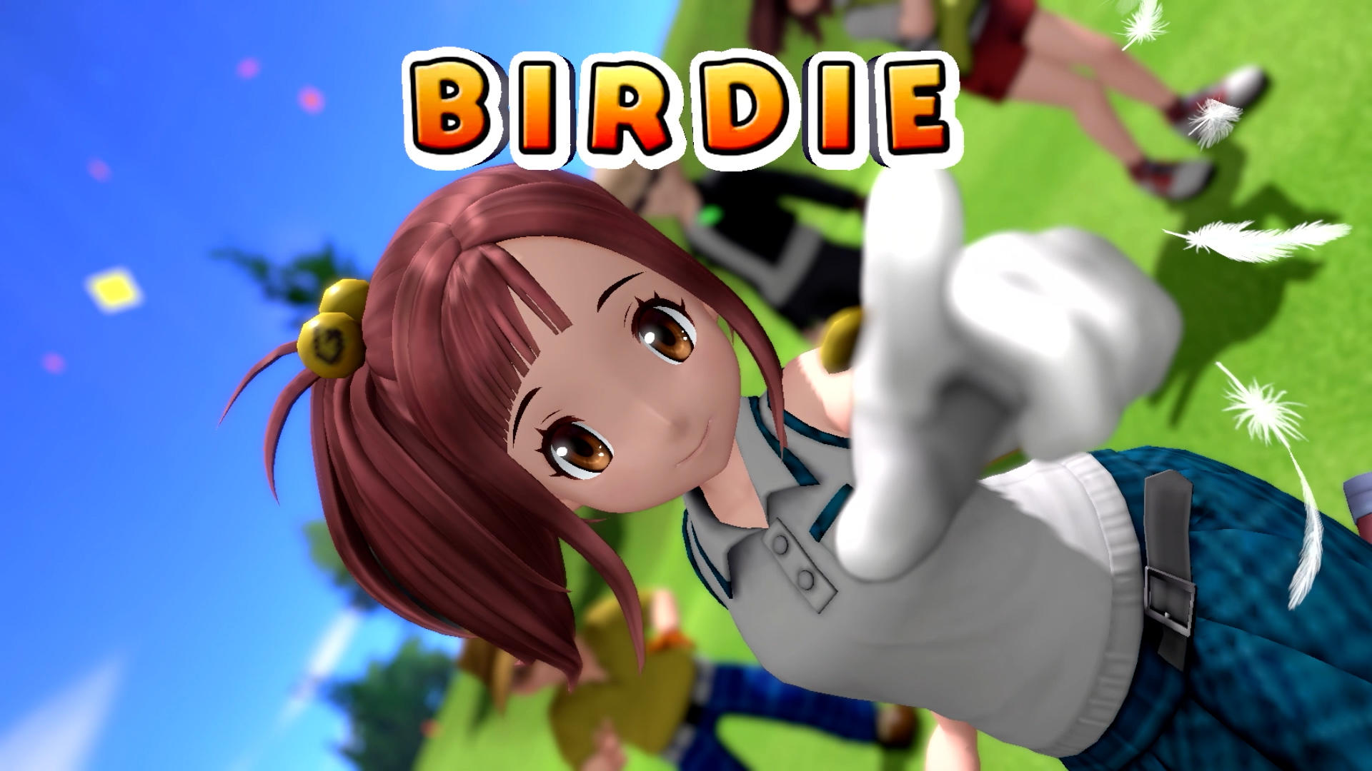 Anime-Mädchen mit braunen Haaren und dem Wort BIRDIE im Hintergrund.