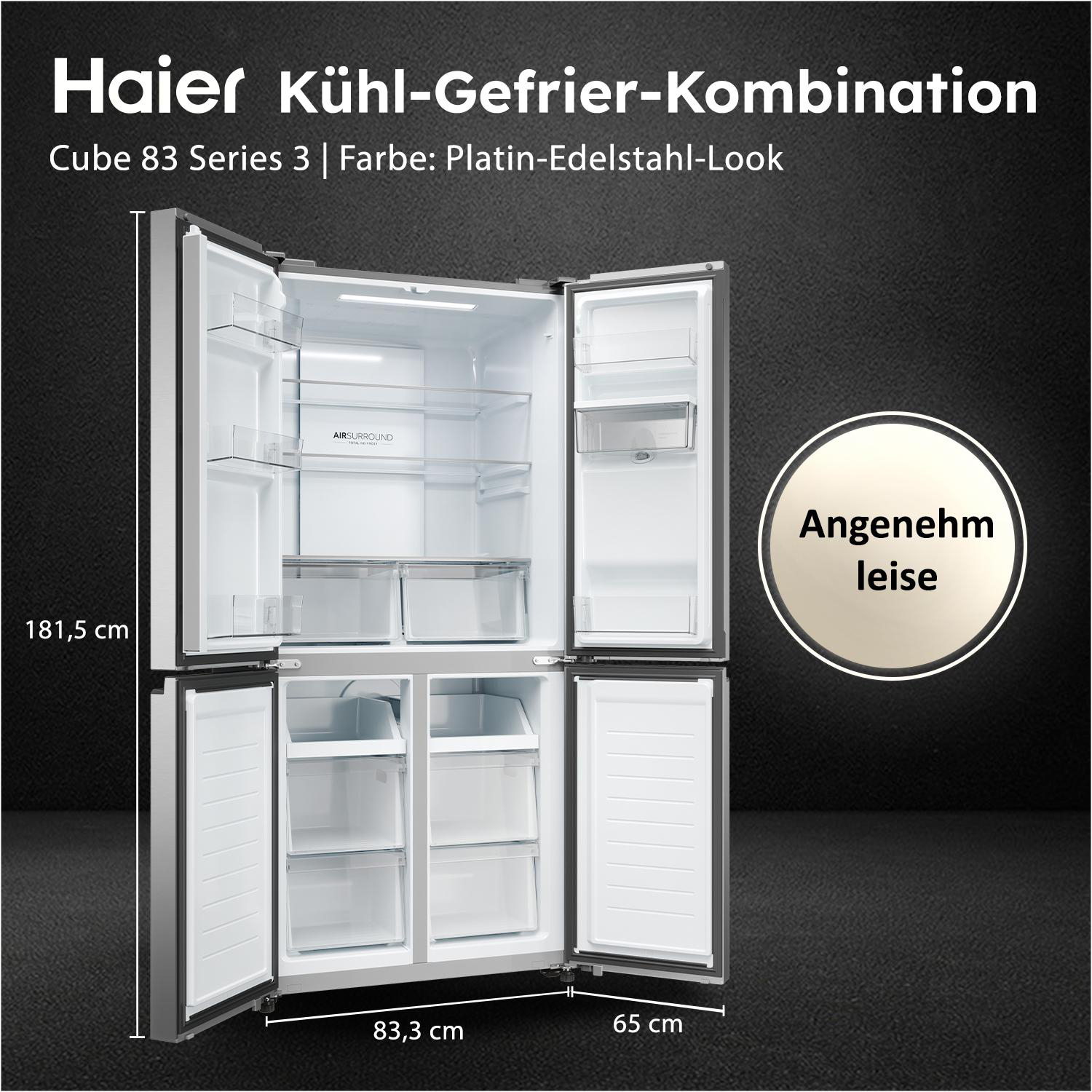 Haier Kühl-Gefrierkombination, 181,5cm hoch, 83,3cm breit, 65cm tief.