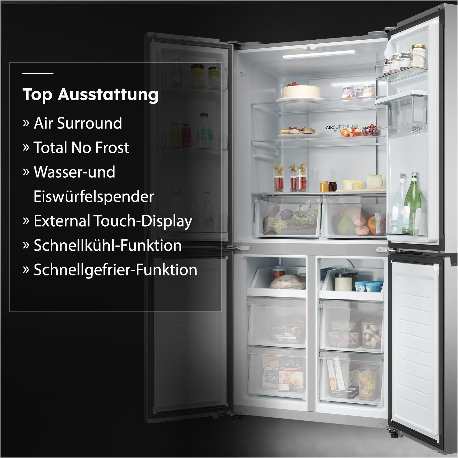 Kühlschrank mit "Top Ausstattung" Liste und gefüllten Fächern.