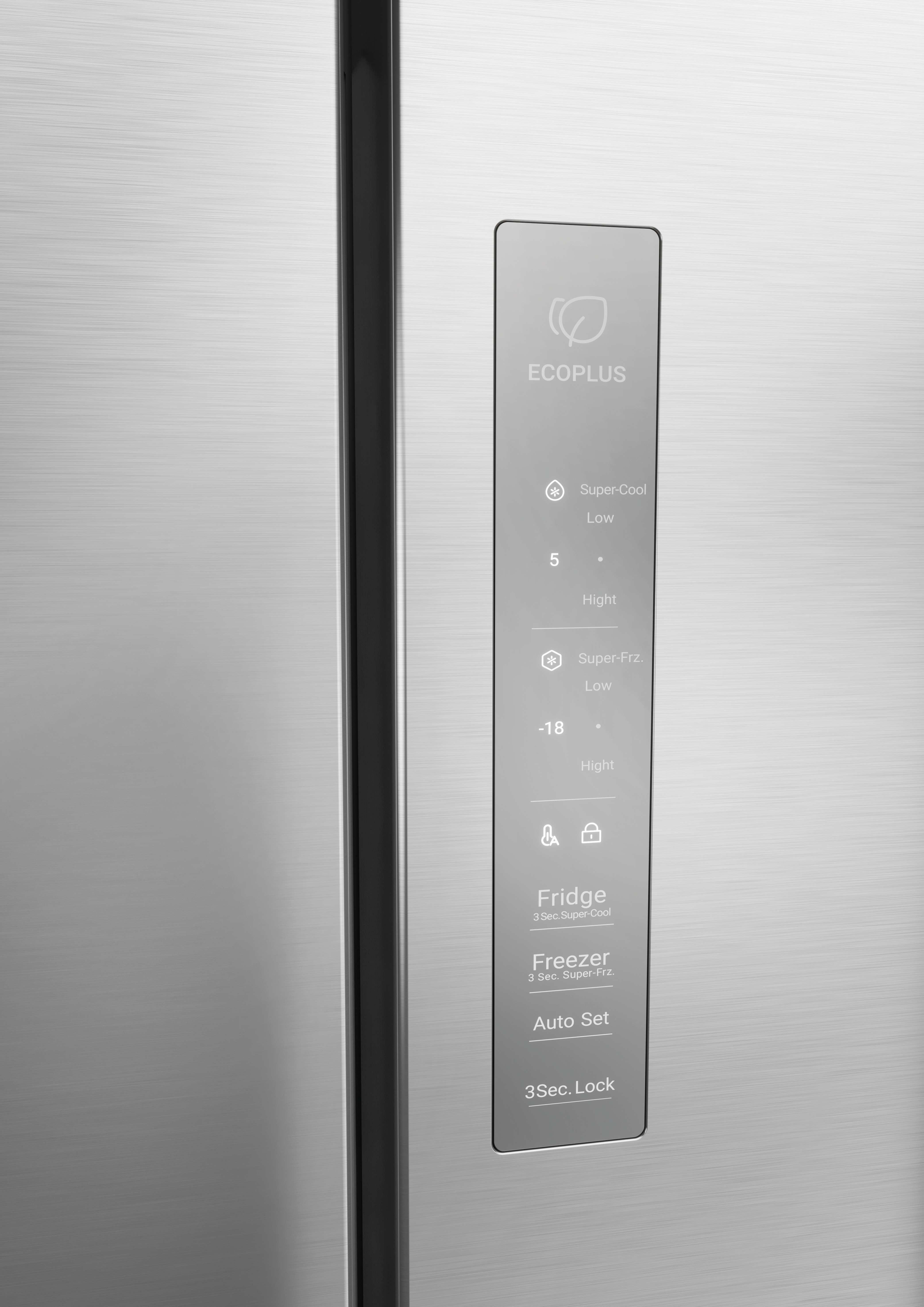 Edelstahlkühlschrank-Bedienfeld mit "ECOPLUS"-Logo, Super-Cool, Super-Freeze, Fridge und Freezer Optionen.
