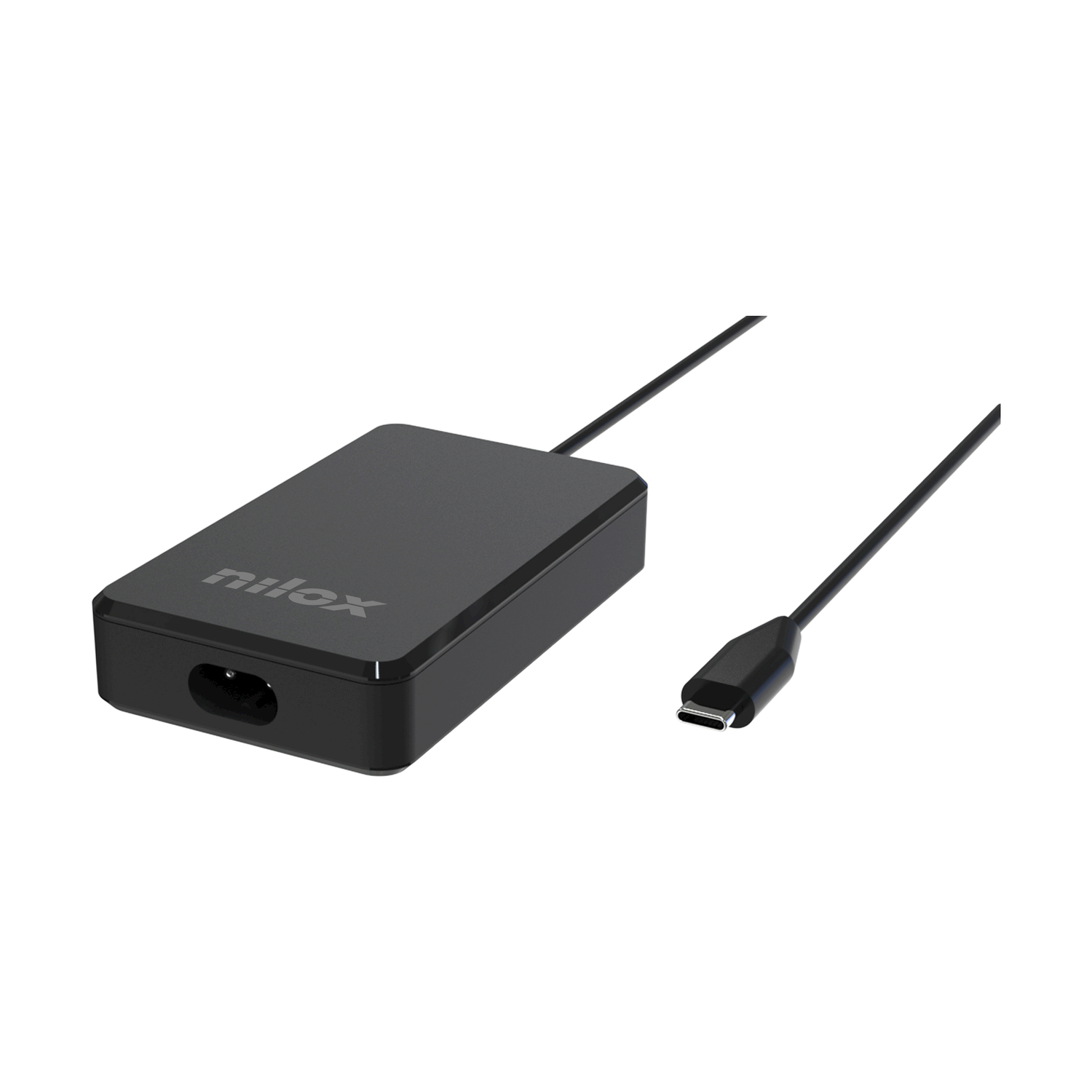 Alimentatore nero con cavo USB-C e logo Nilox.