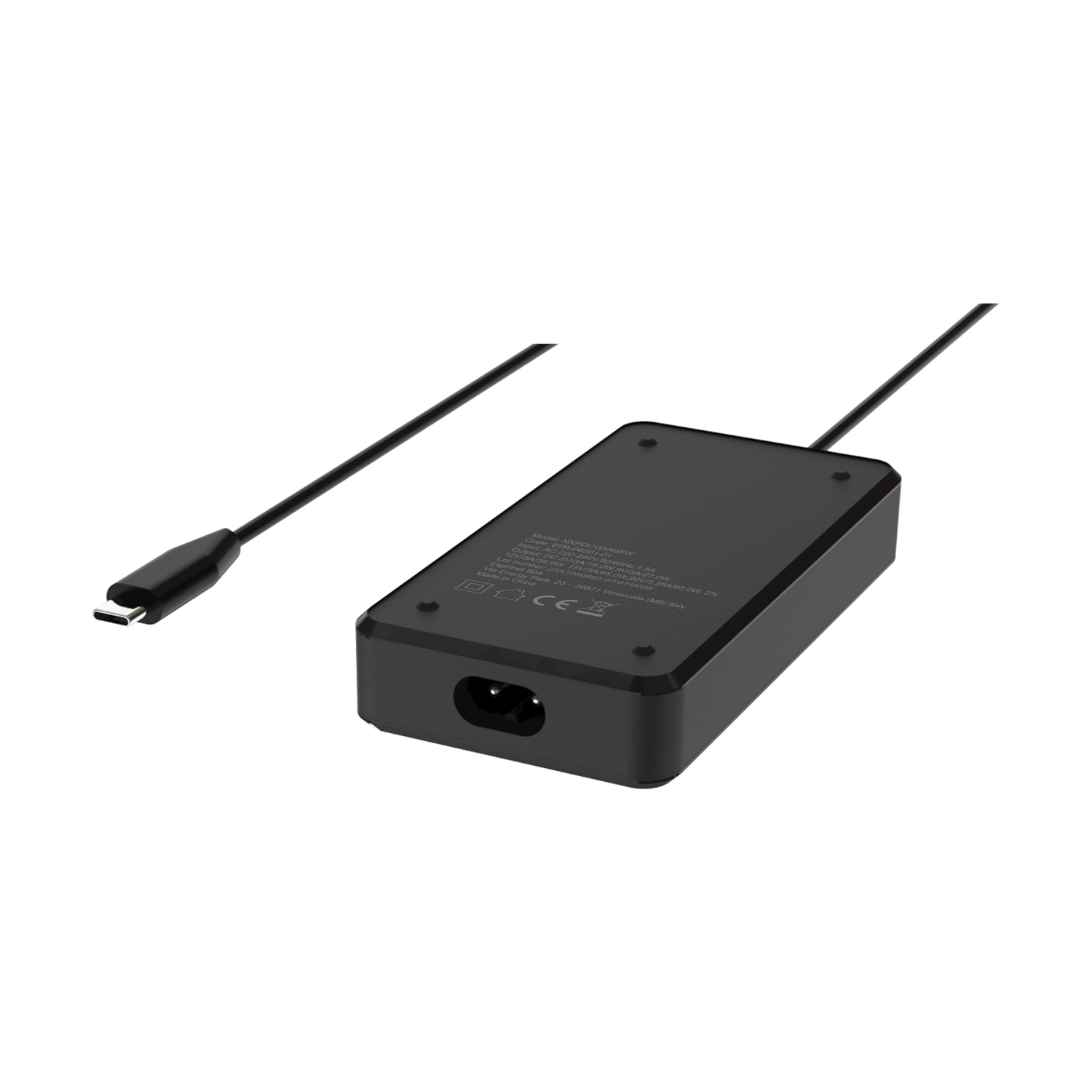 Alimentatore nero con cavo USB-C e marcatura CE.