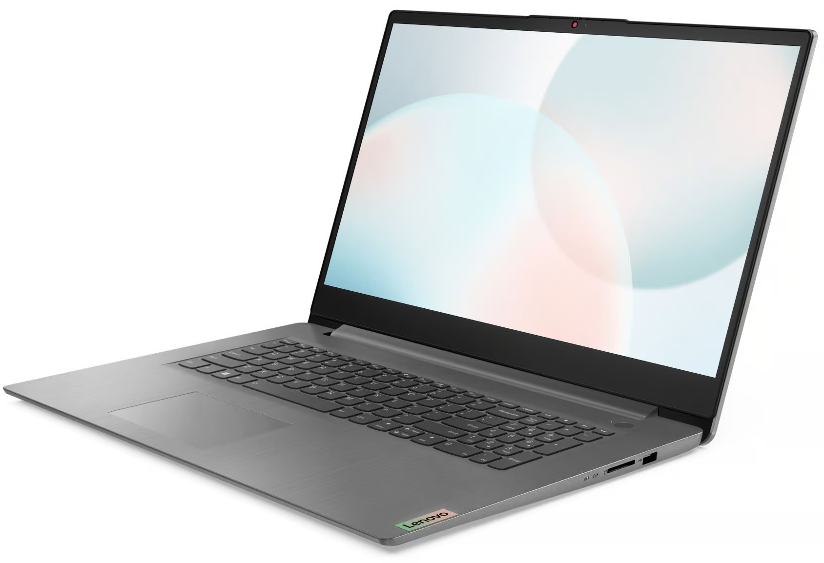 Szürke laptop billentyűzettel és absztrakt háttérgrafikát megjelenítő képernyővel.