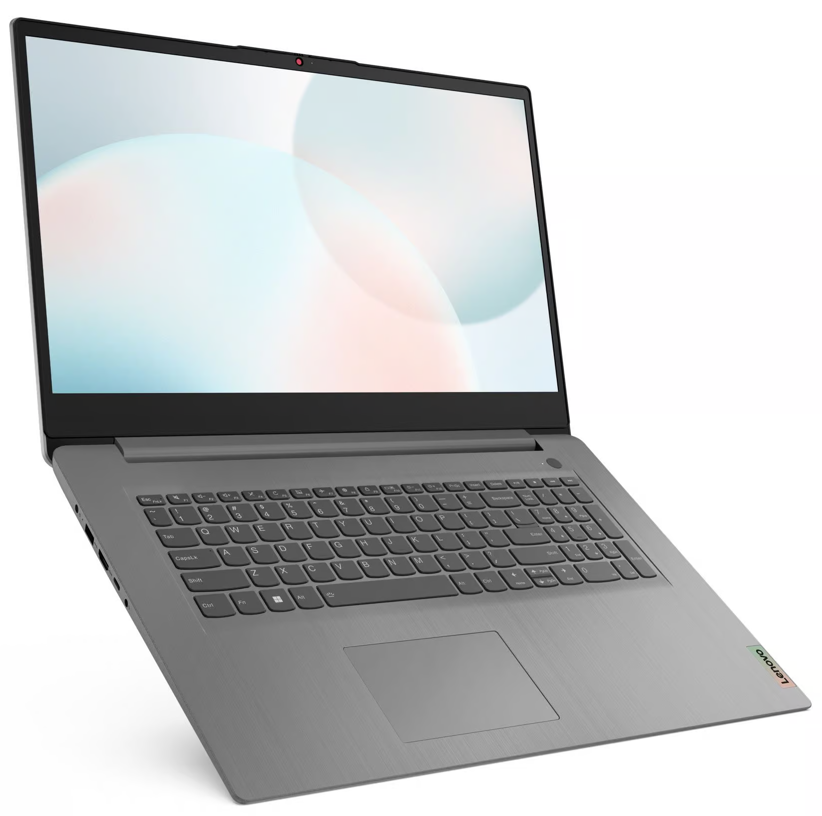 Szürke laptop billentyüzettel és érintőfelülettel, fehér háttér.