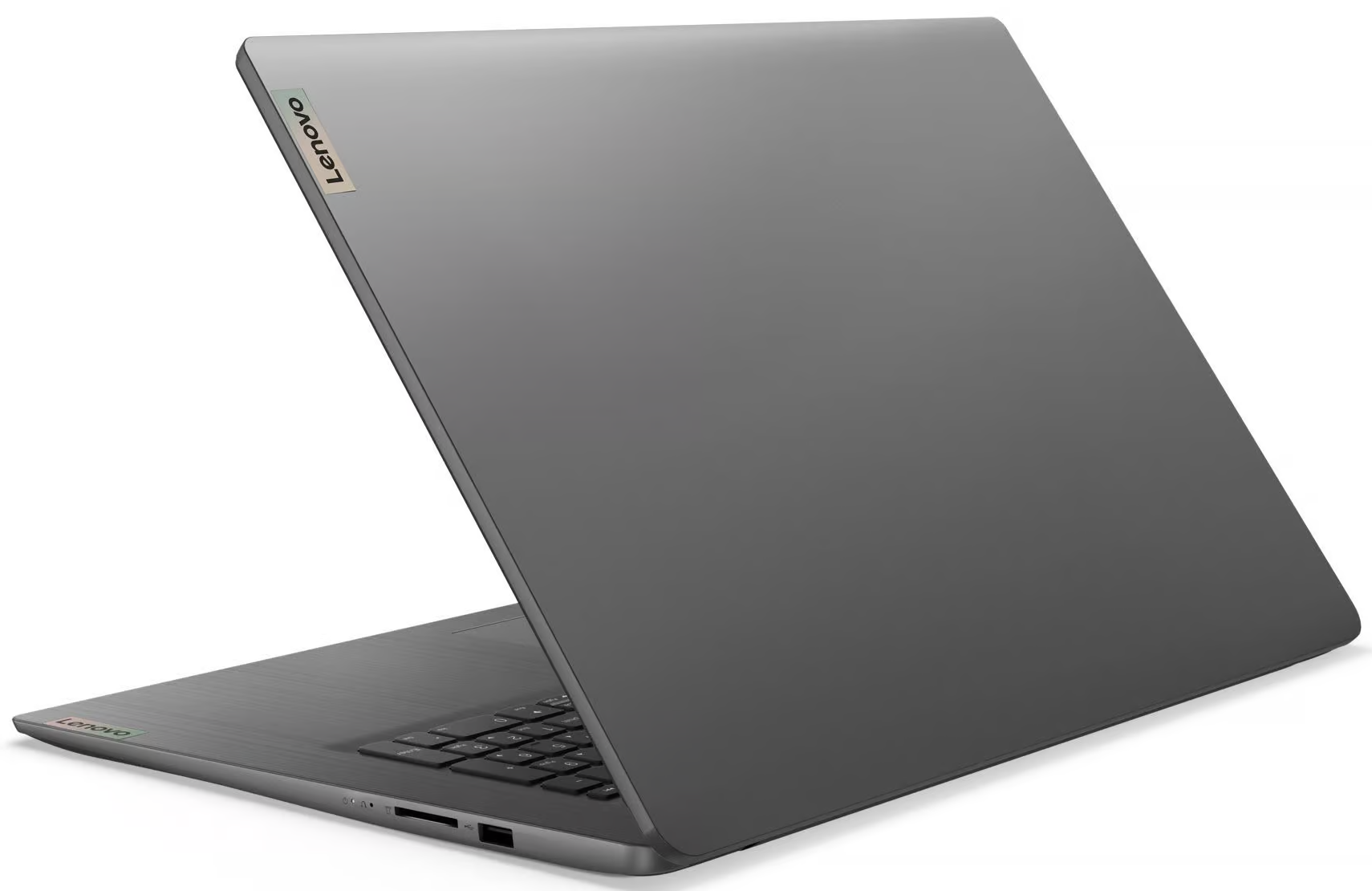 Egy zárt, szürke Lenovo laptop fehér háttéren, billentyűzet látható.
