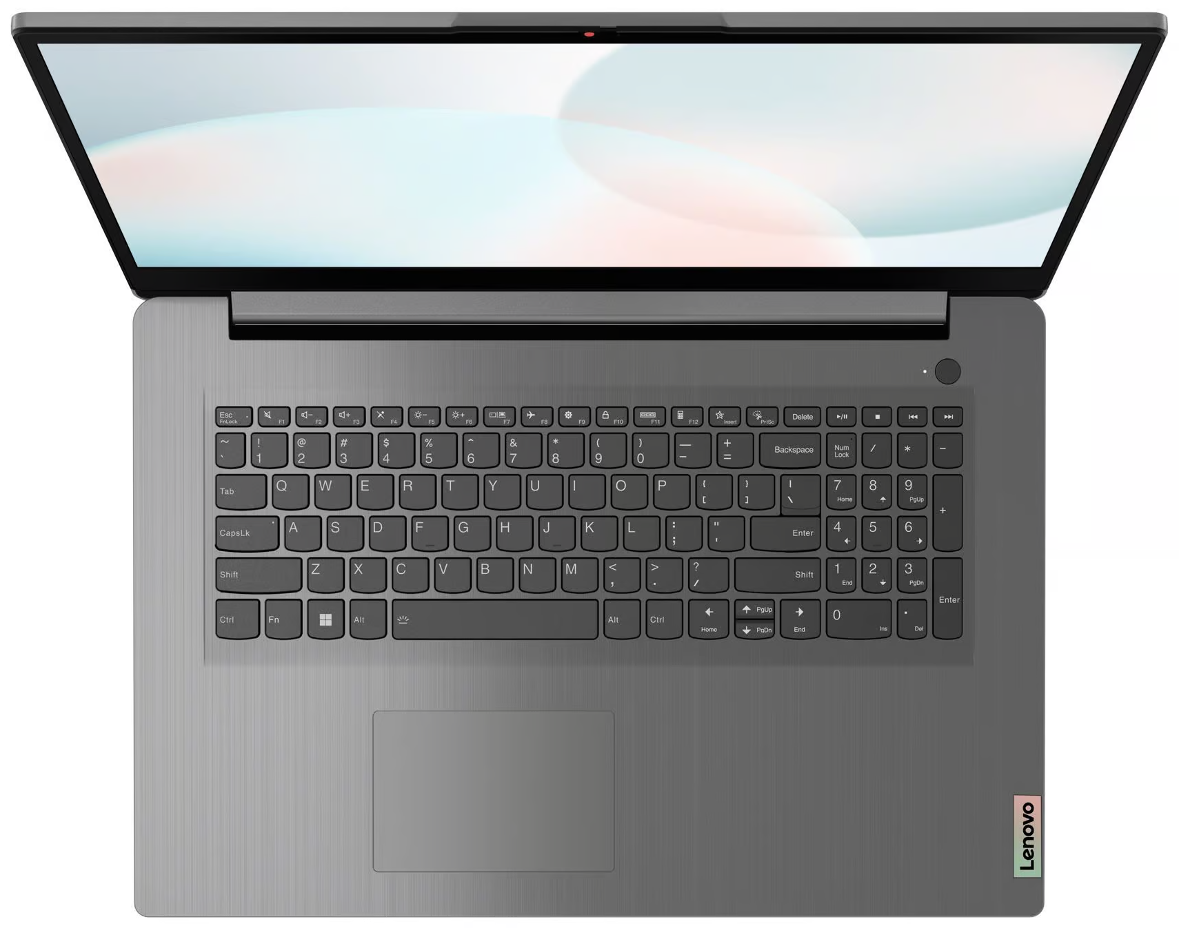 Szürke laptop nyitott képernyővel. Billentyűzet és érintőpad látható.
