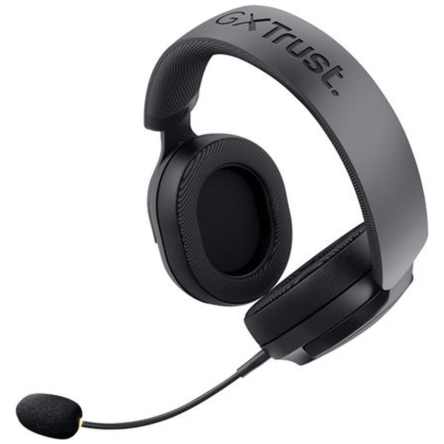Zwarte GXT Trust koptelefoon met microfoon op witte achtergrond.
