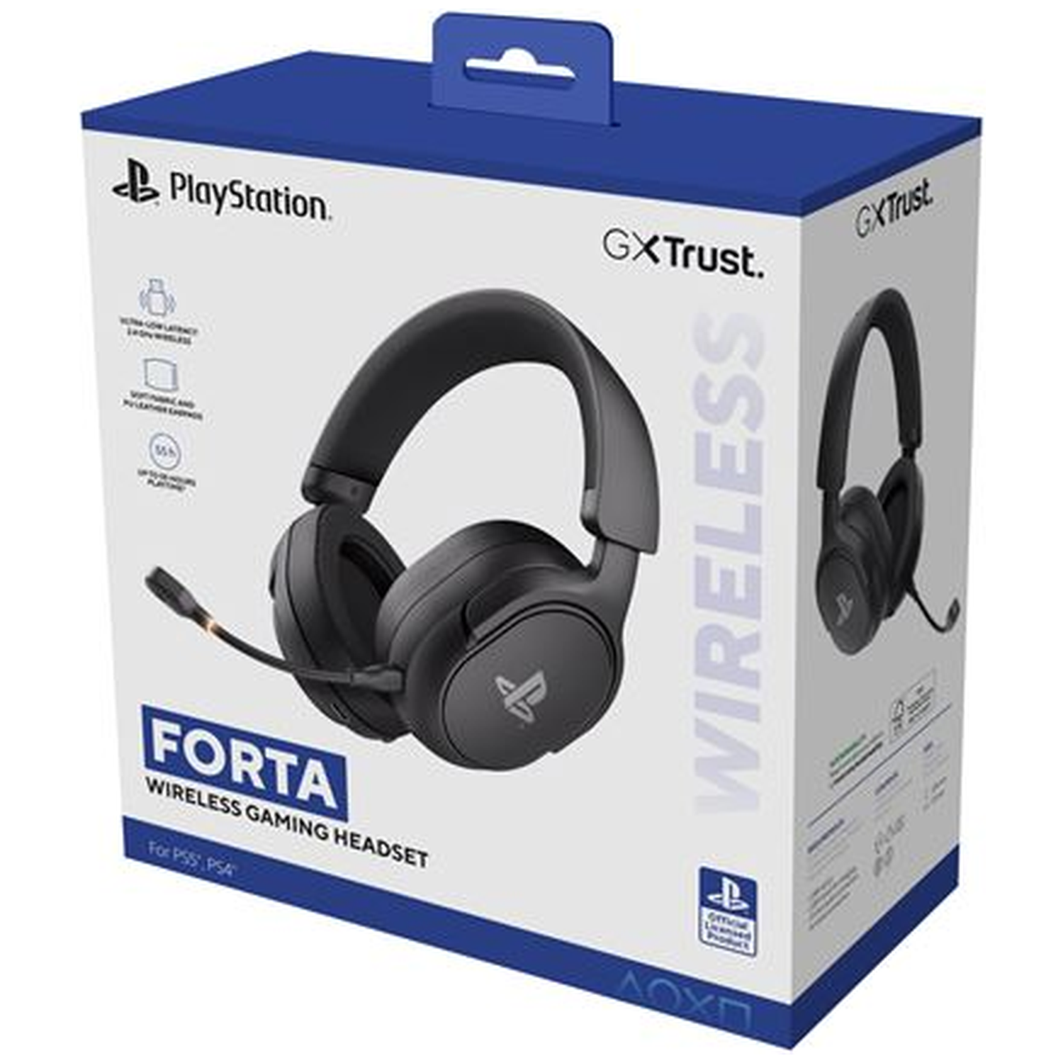 Zwarte PlayStation Forta draadloze gamingheadset in zijn blauw-witte doos.