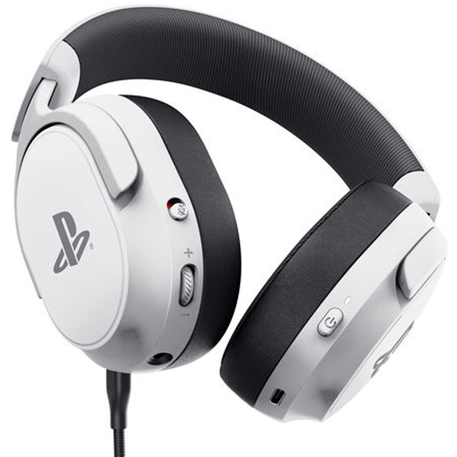 White and black gaming headphones with PlayStation logo and controls.