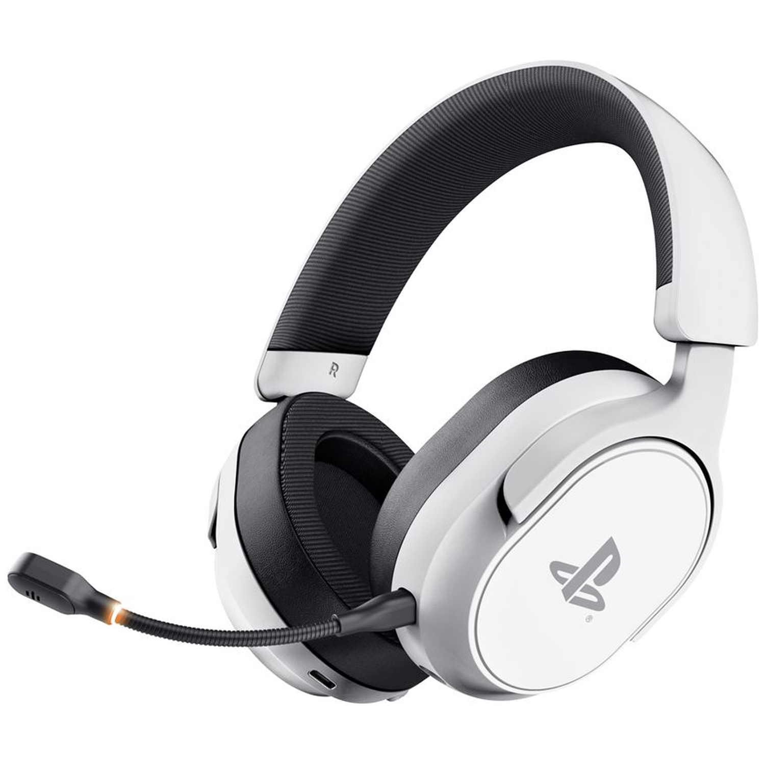White over-ear gaming headset with microphone and PlayStation logo.