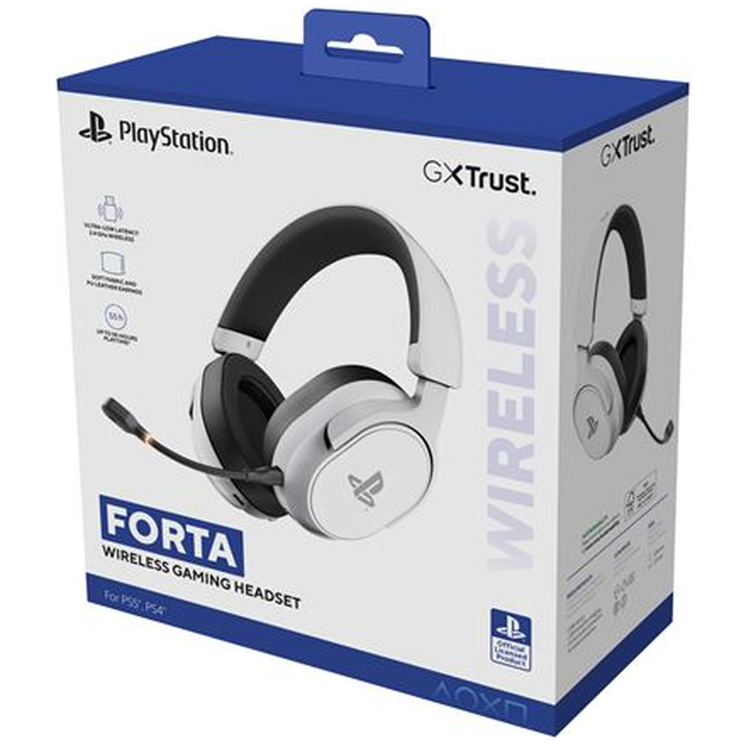 Playstation Forta wireless gaming headset in white and black on its box.