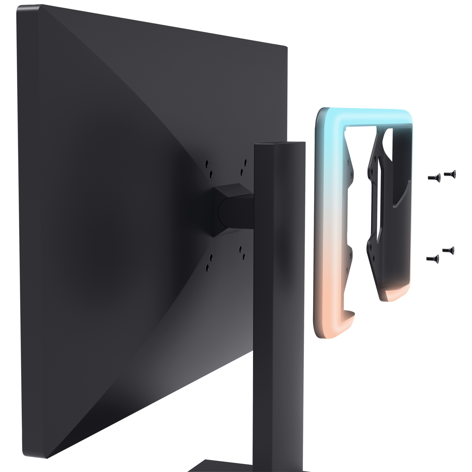 Back of a black monitor with a mount and two screws.