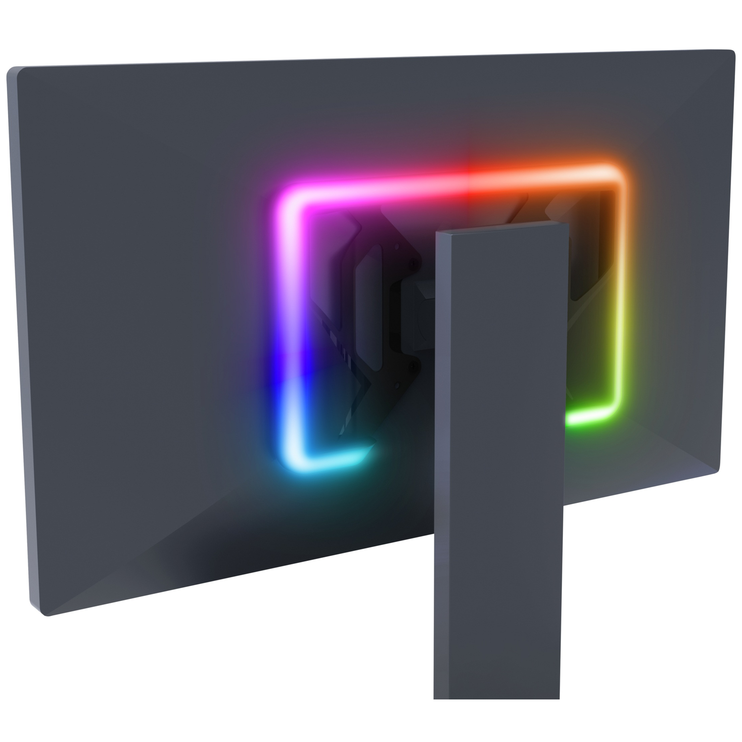 Back of a monitor with RGB lighting and a stand.