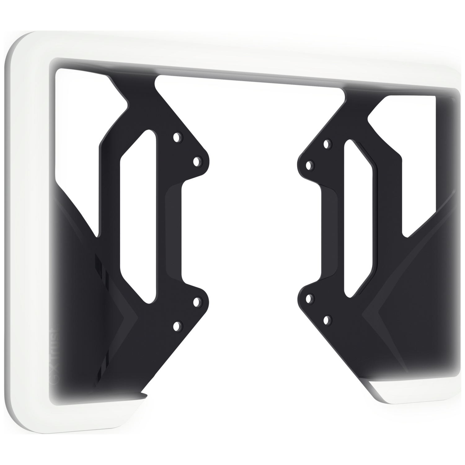 A white frame surrounds a black bracket with two openings.
