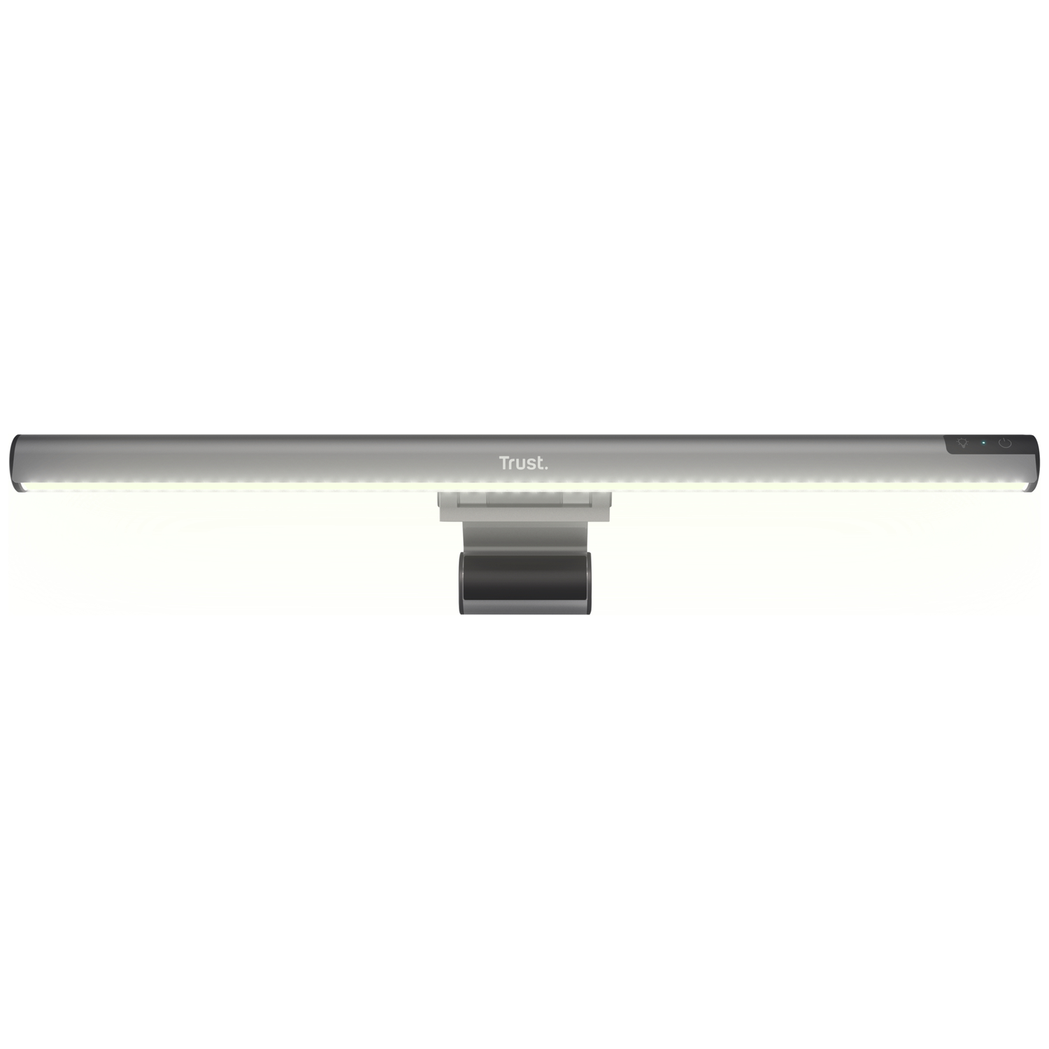 Gray monitor light bar with clips and illumination.