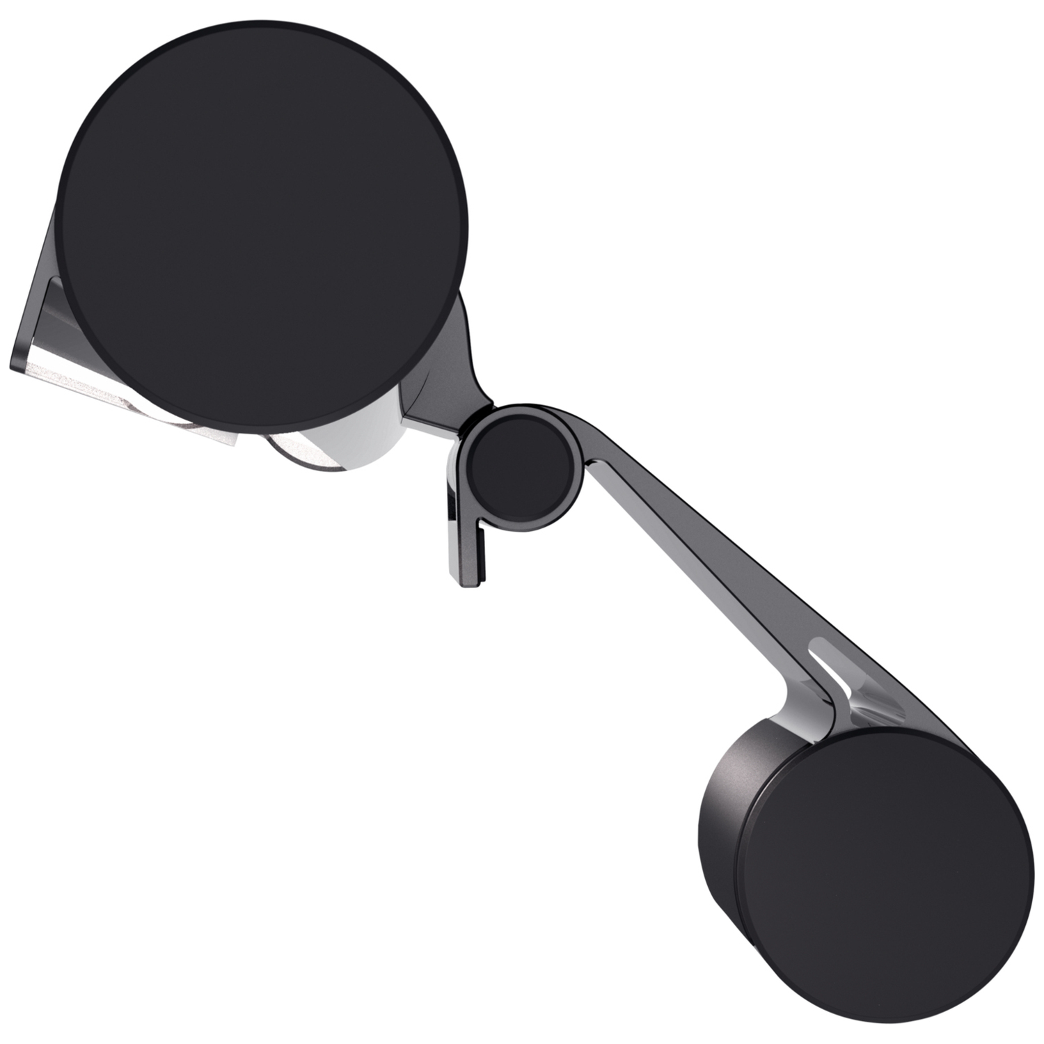 A swiveling arm with two black, round ends on a white background.