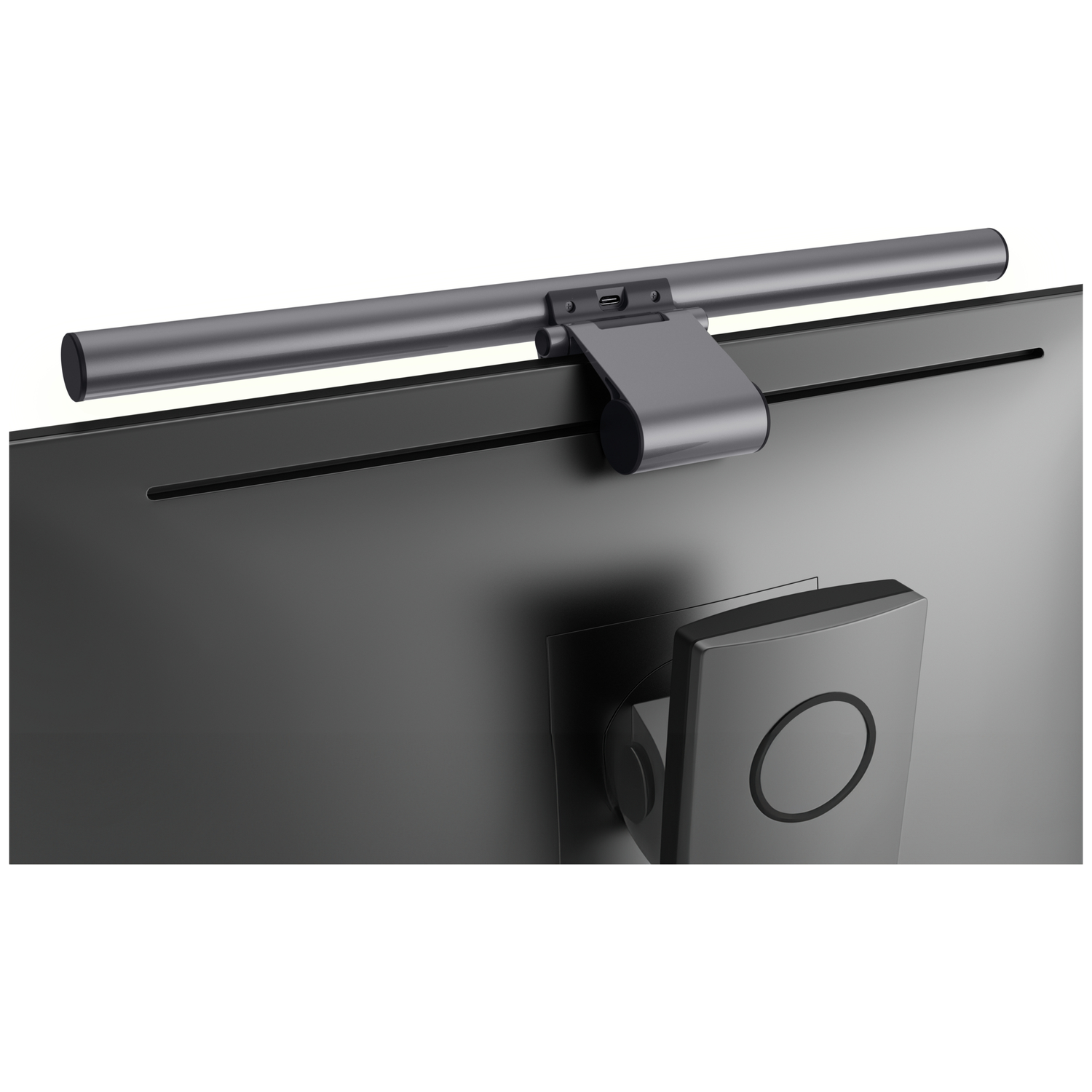 A gray monitor light is attached to the top of a black monitor.