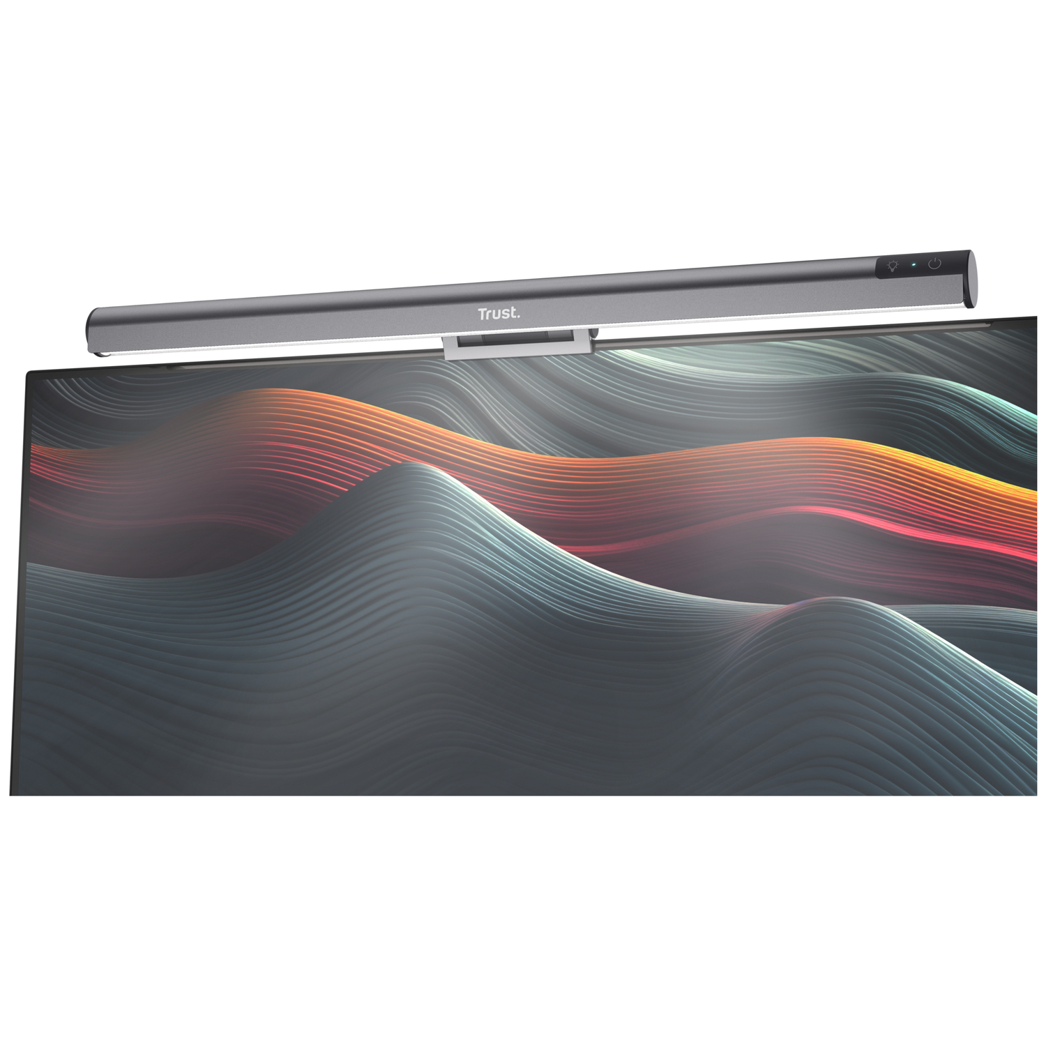 A silver monitor light with "Trust" logo sits above a screen with a wave pattern.