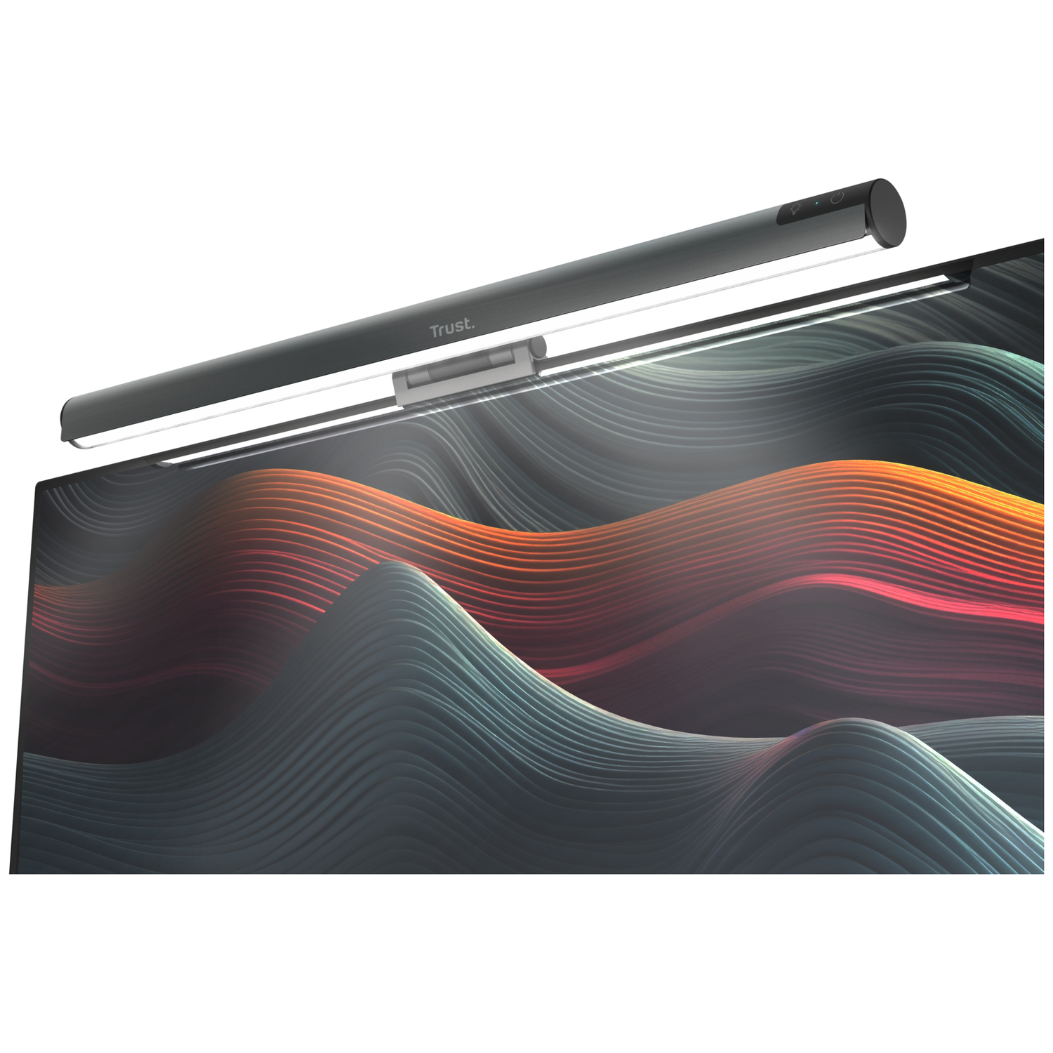 A dark desk lamp with Trust logo sits above a monitor with wavy pattern.