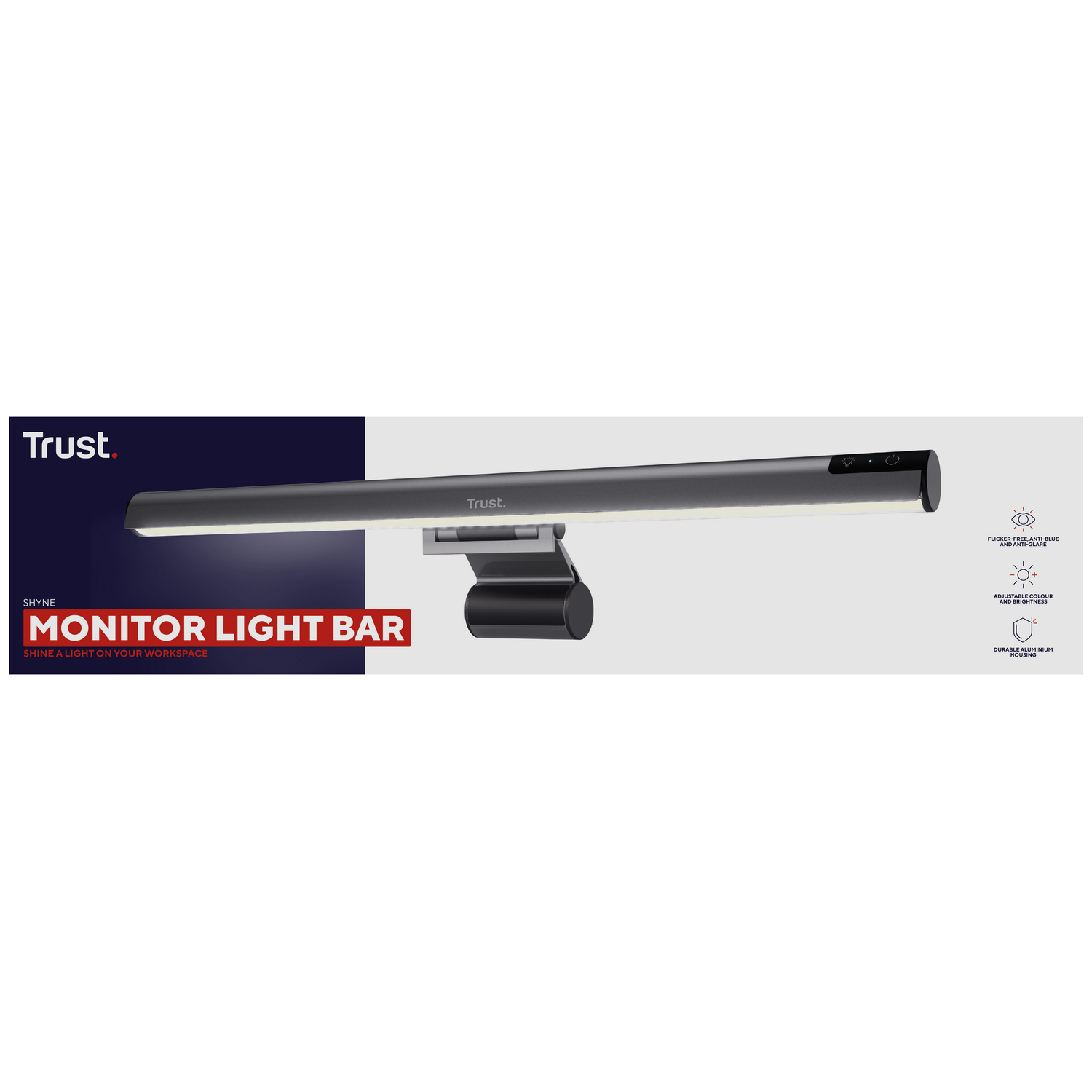 Gray monitor light bar with mounting clip and brightness/color control buttons.