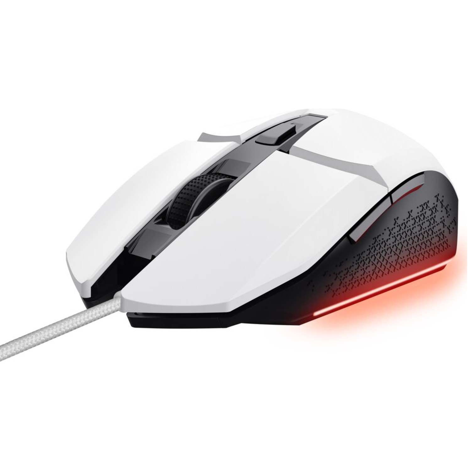 A white gaming mouse with a black scroll wheel and red lighting.