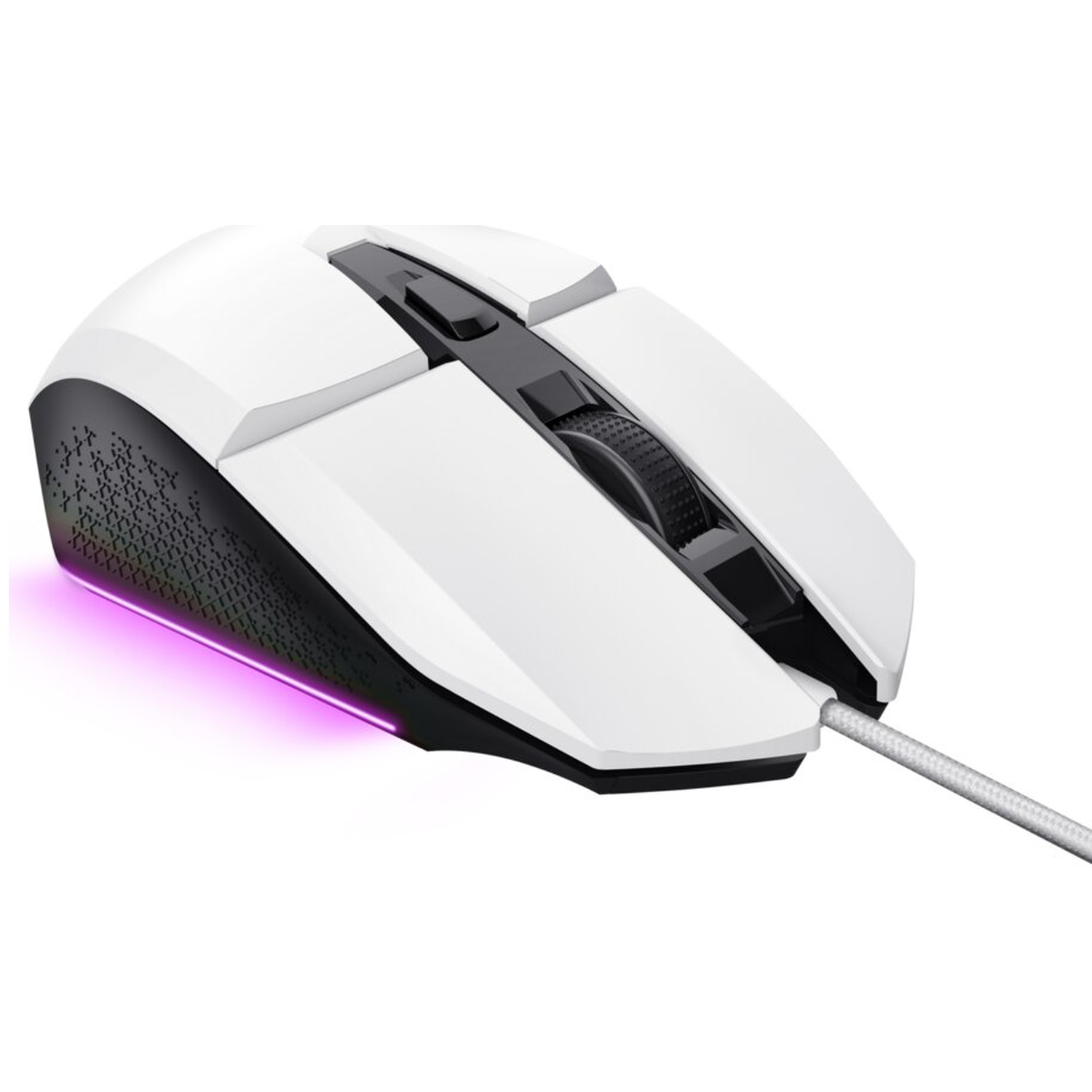 A white gaming mouse with a black scroll wheel and purple lighting.