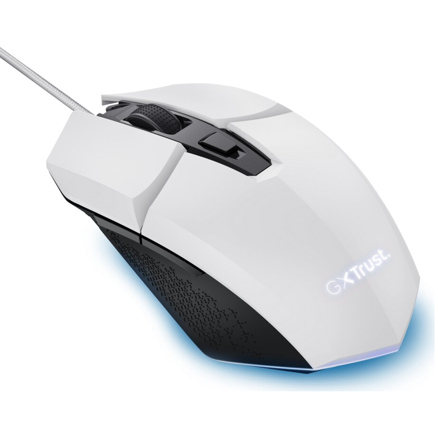 A white gaming mouse with a black rubber grip and illuminated logo.