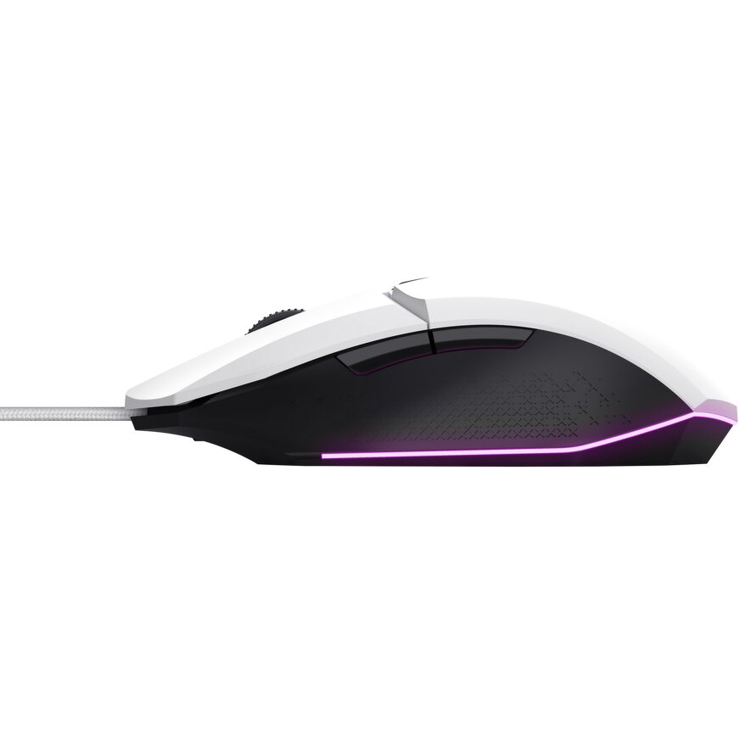 A white and black computer mouse with purple LED accents and a white cable.
