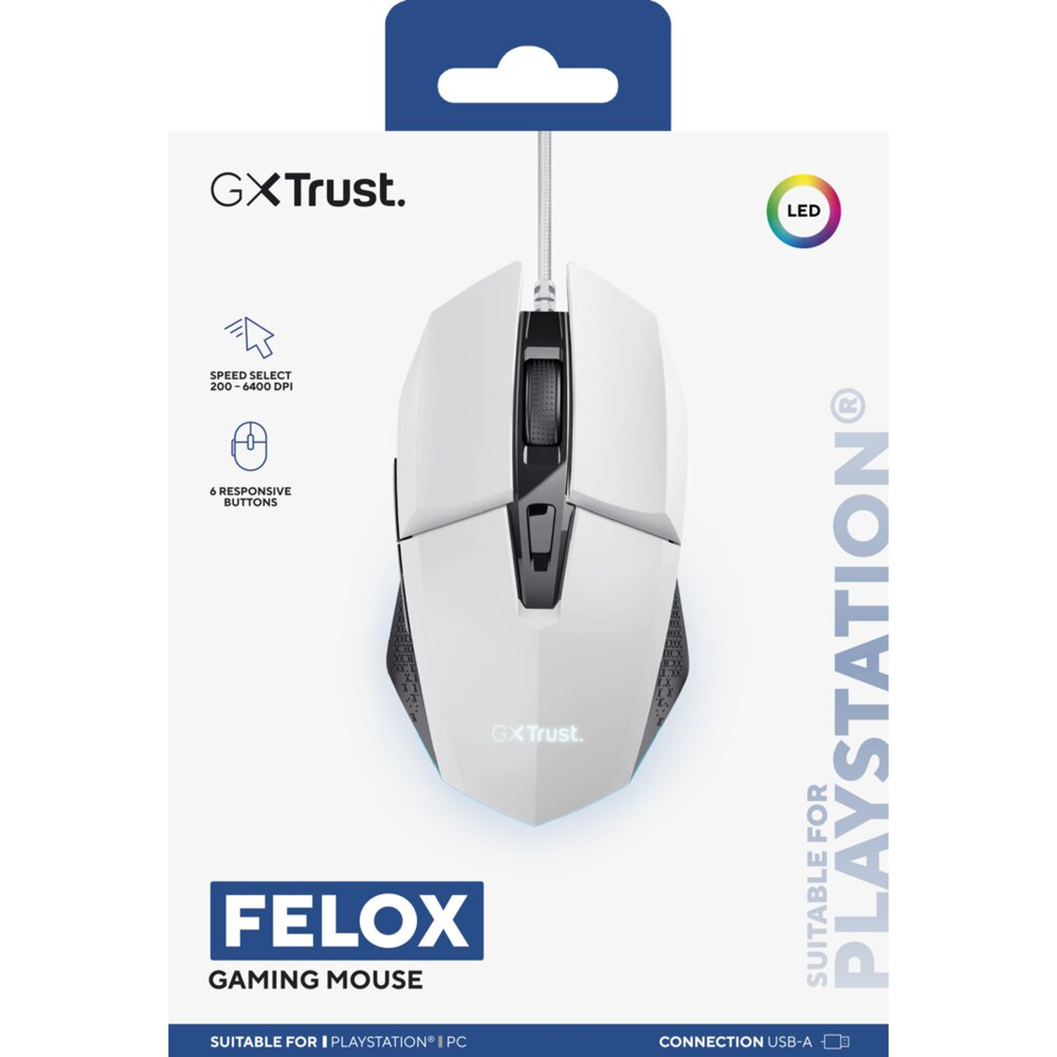 White GX Trust Felox gaming mouse with black scroll wheel and side buttons.