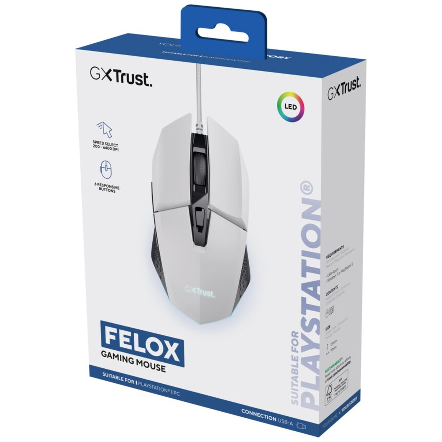 White wired gaming mouse on GXTrust box, suitable for PlayStation.