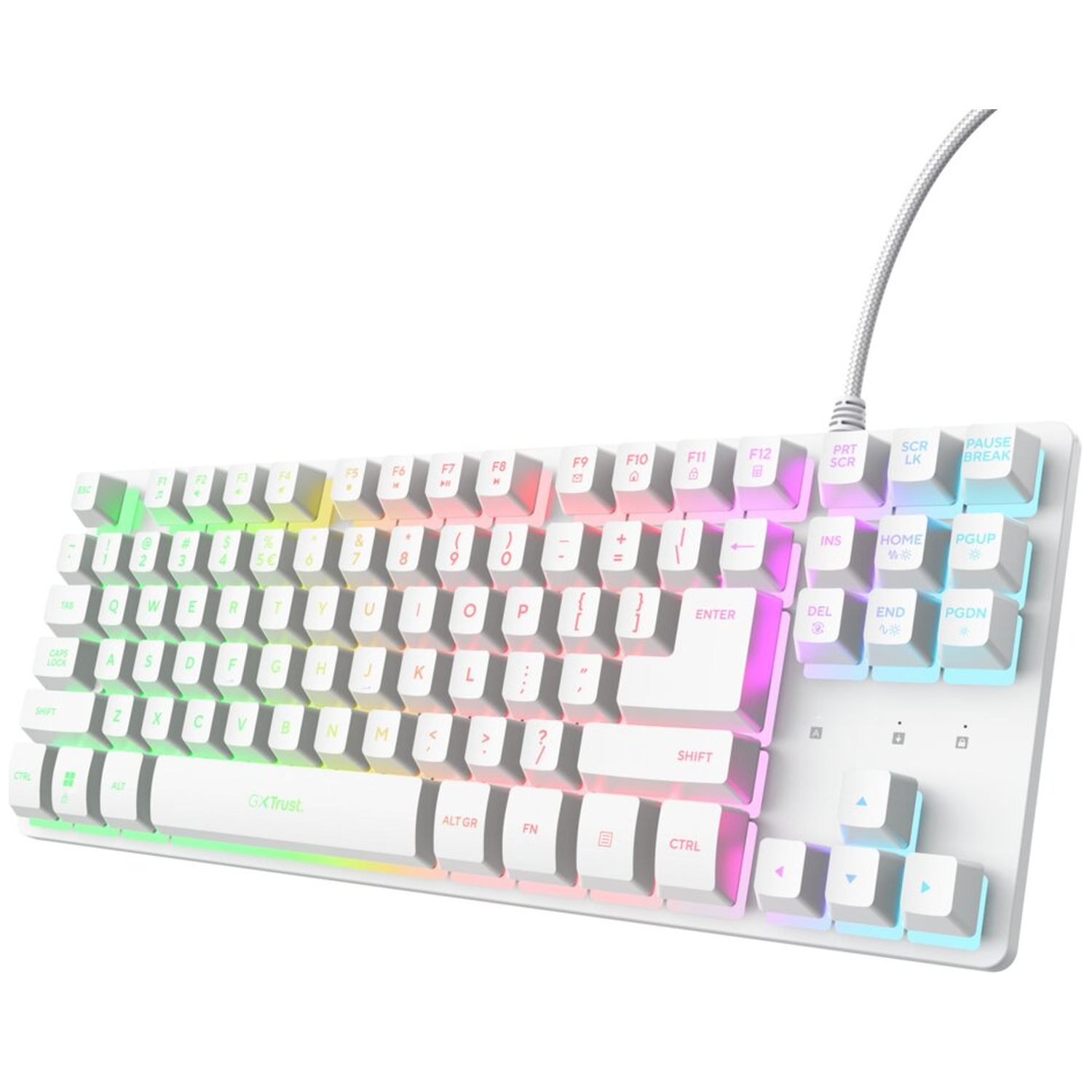 White keyboard with RGB lighting and QWERTZ layout.