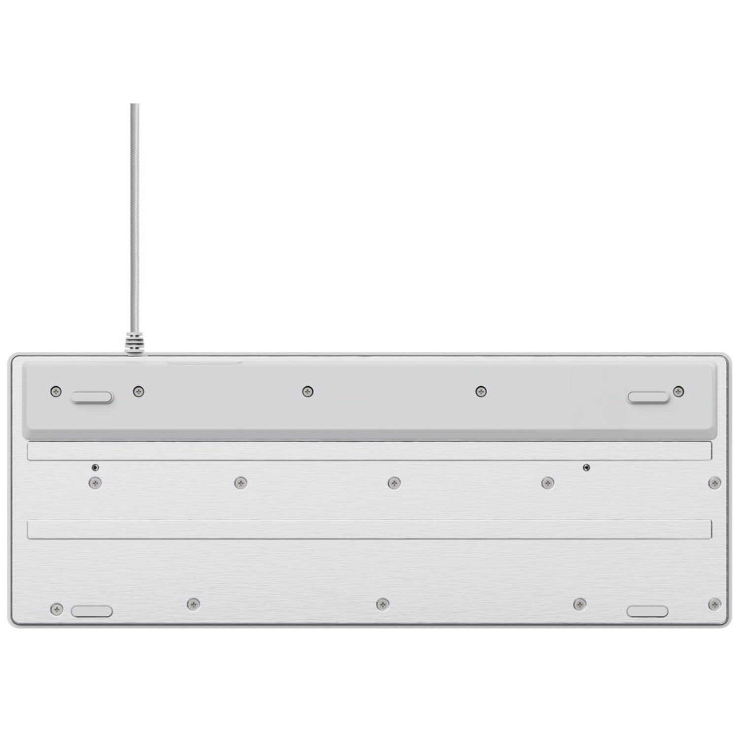 The underside of a white keyboard with screws and a cable.