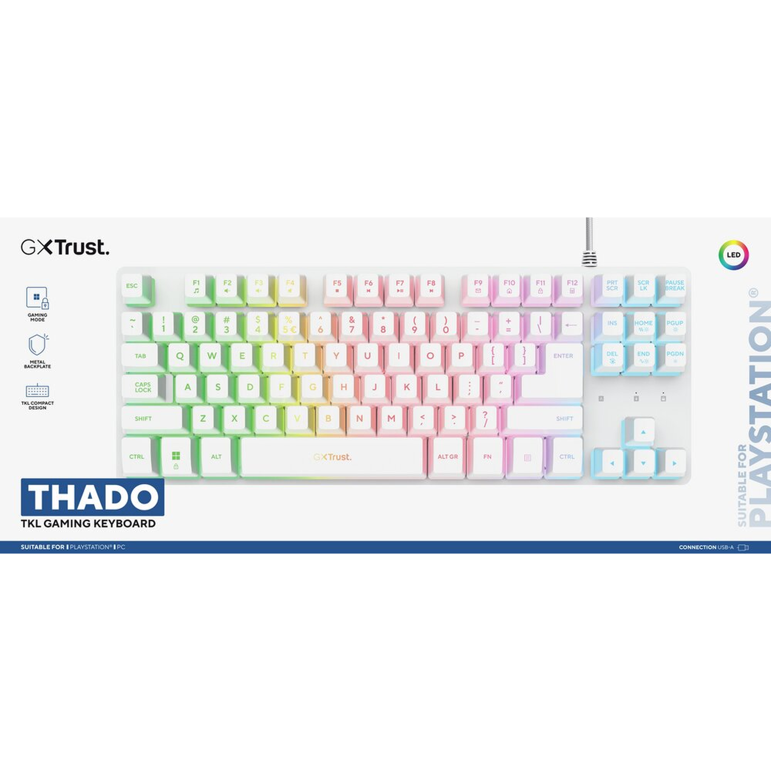 A GXTrust Thado TKL Gaming Keyboard with colorful keys and PlayStation logo.