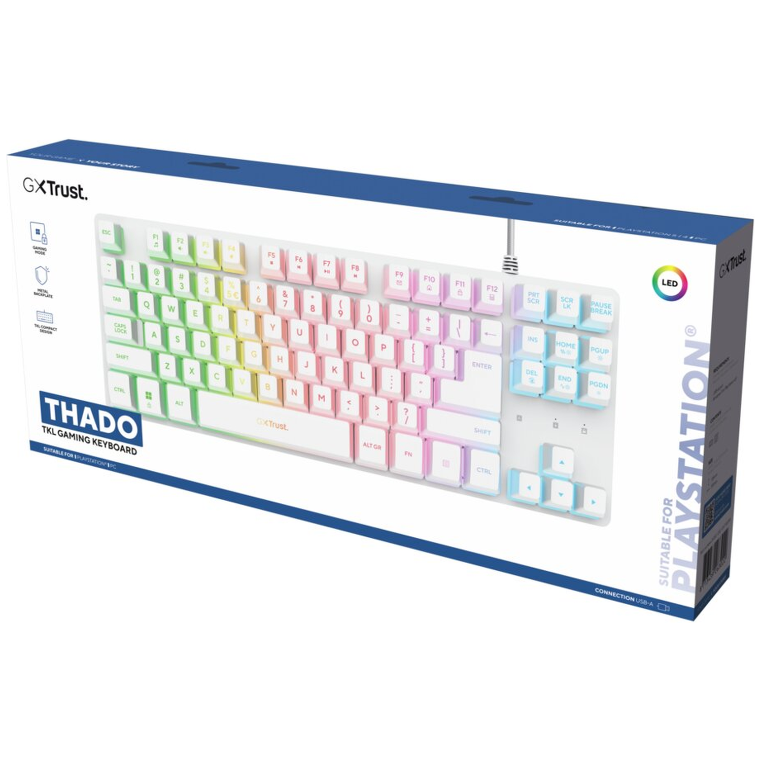 A white GXTrust Thado TKL gaming keyboard with colorful keys on its packaging.