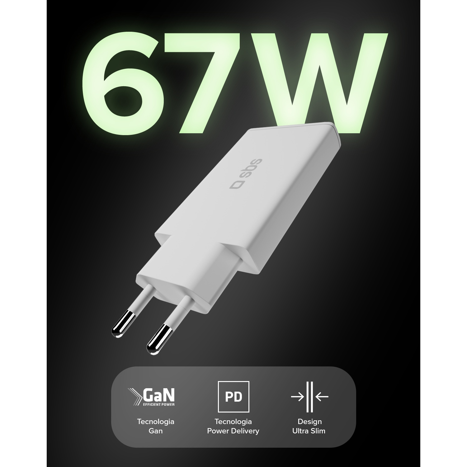 Un alimentatore bianco GaN da 67W con PD e design ultrapiatto.