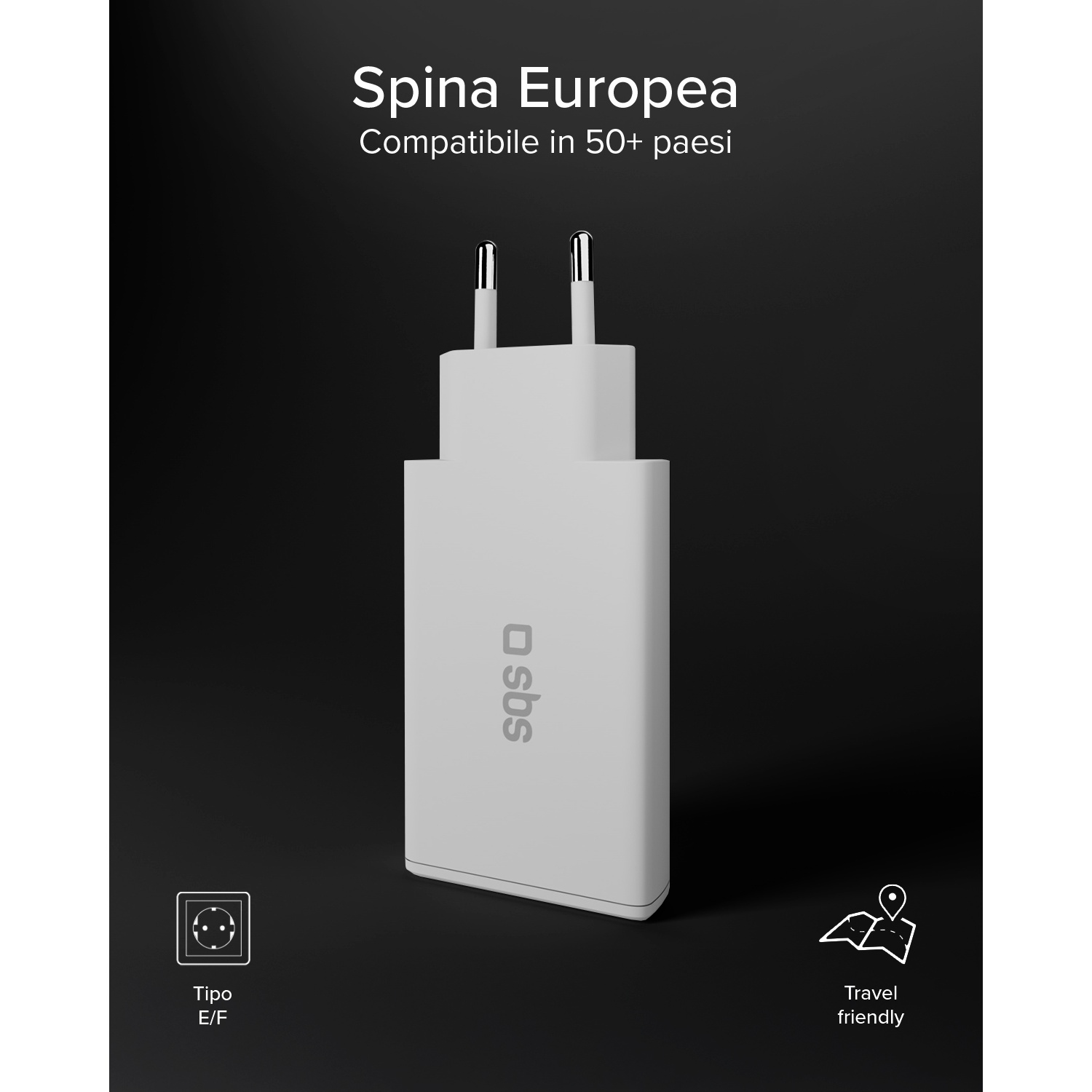 Adattatore spina europea bianca con logo SBS, da viaggio.