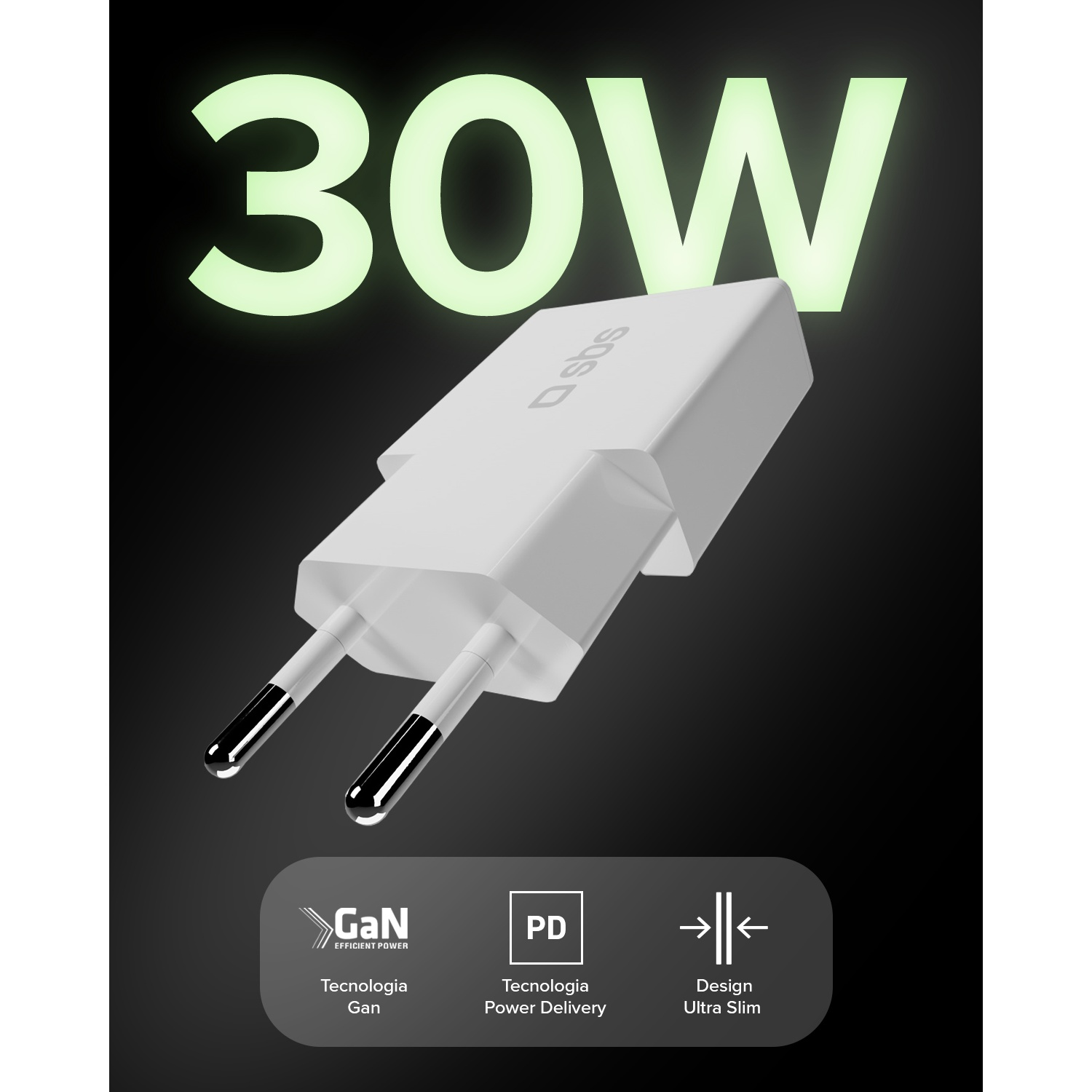 Un caricatore GaN bianco da 30W con due pin e punte nere.