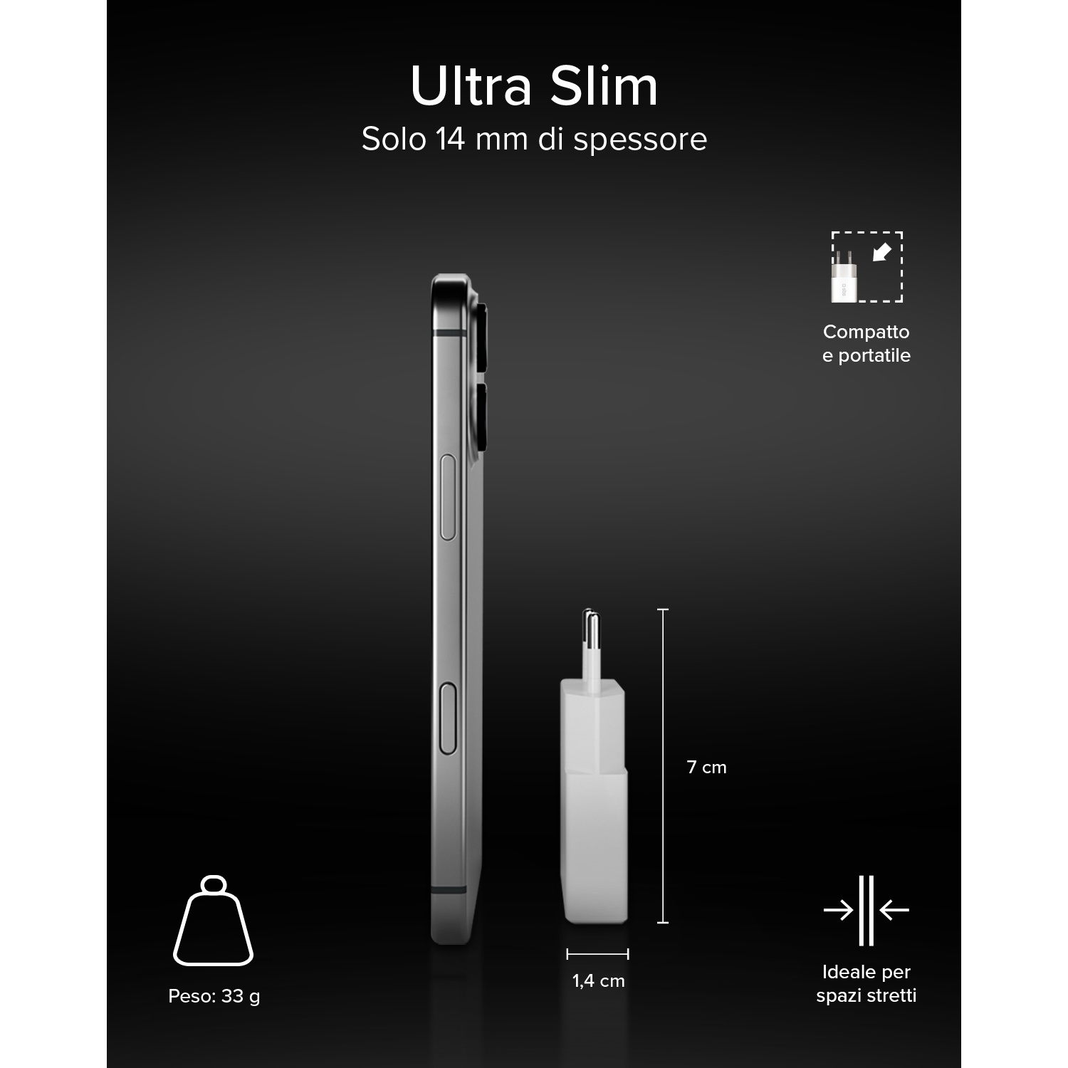 Caricatore sottile: 7cm x 1,4cm, 33g. Ideale per spazi stretti.