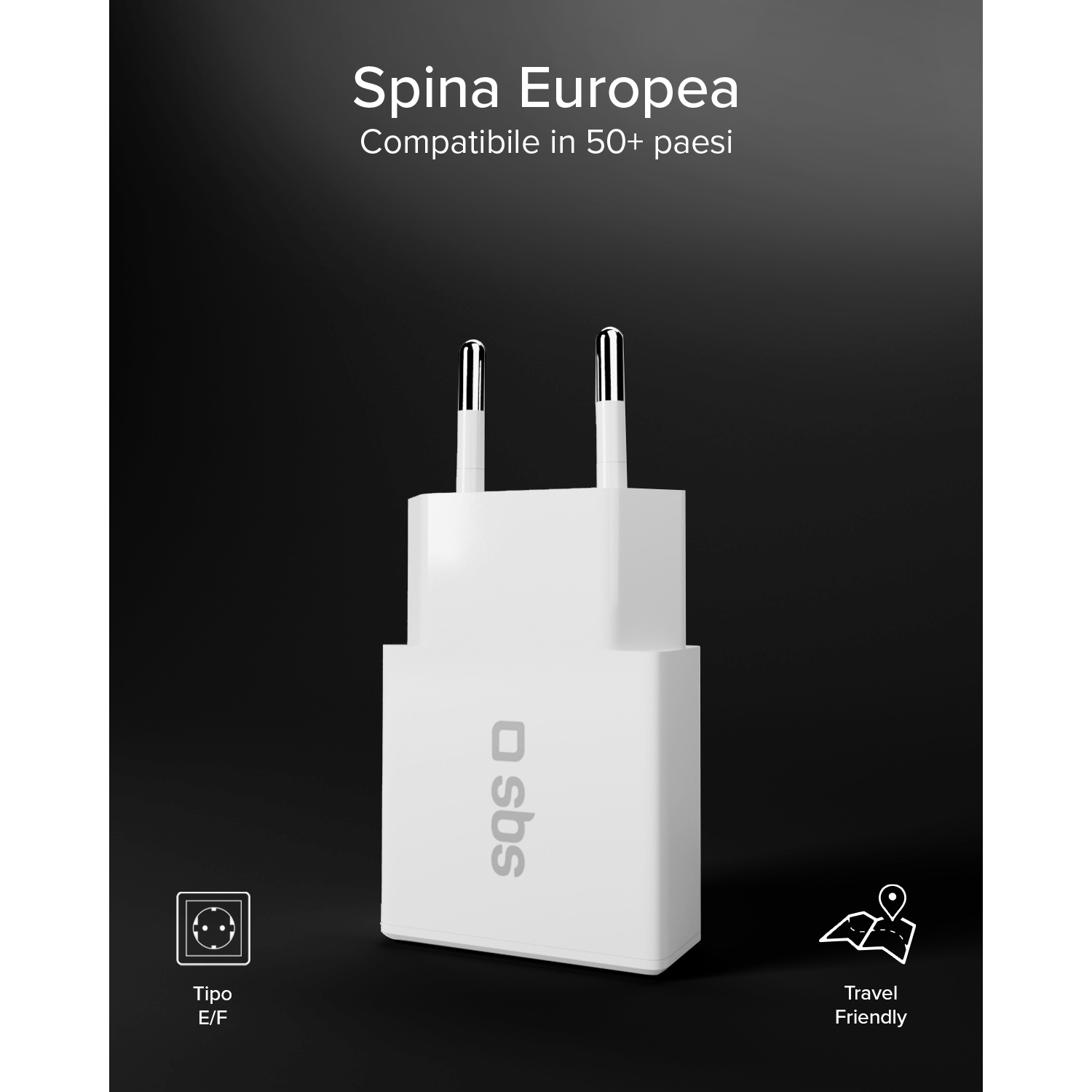 Una spina europea bianca con logo SBS e icone da viaggio.