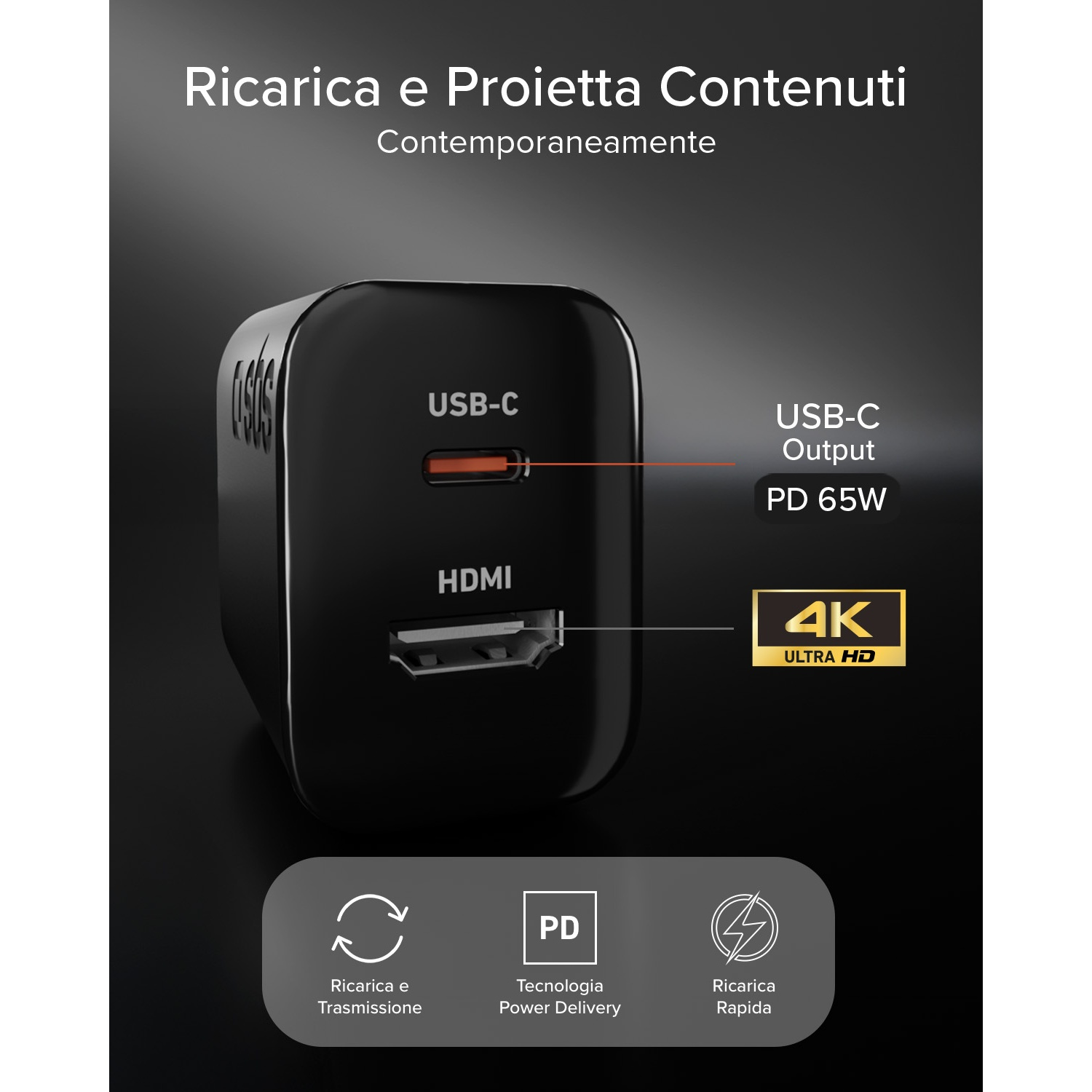 Adattatore USB-C/HDMI nero con 65W PD e supporto 4K.