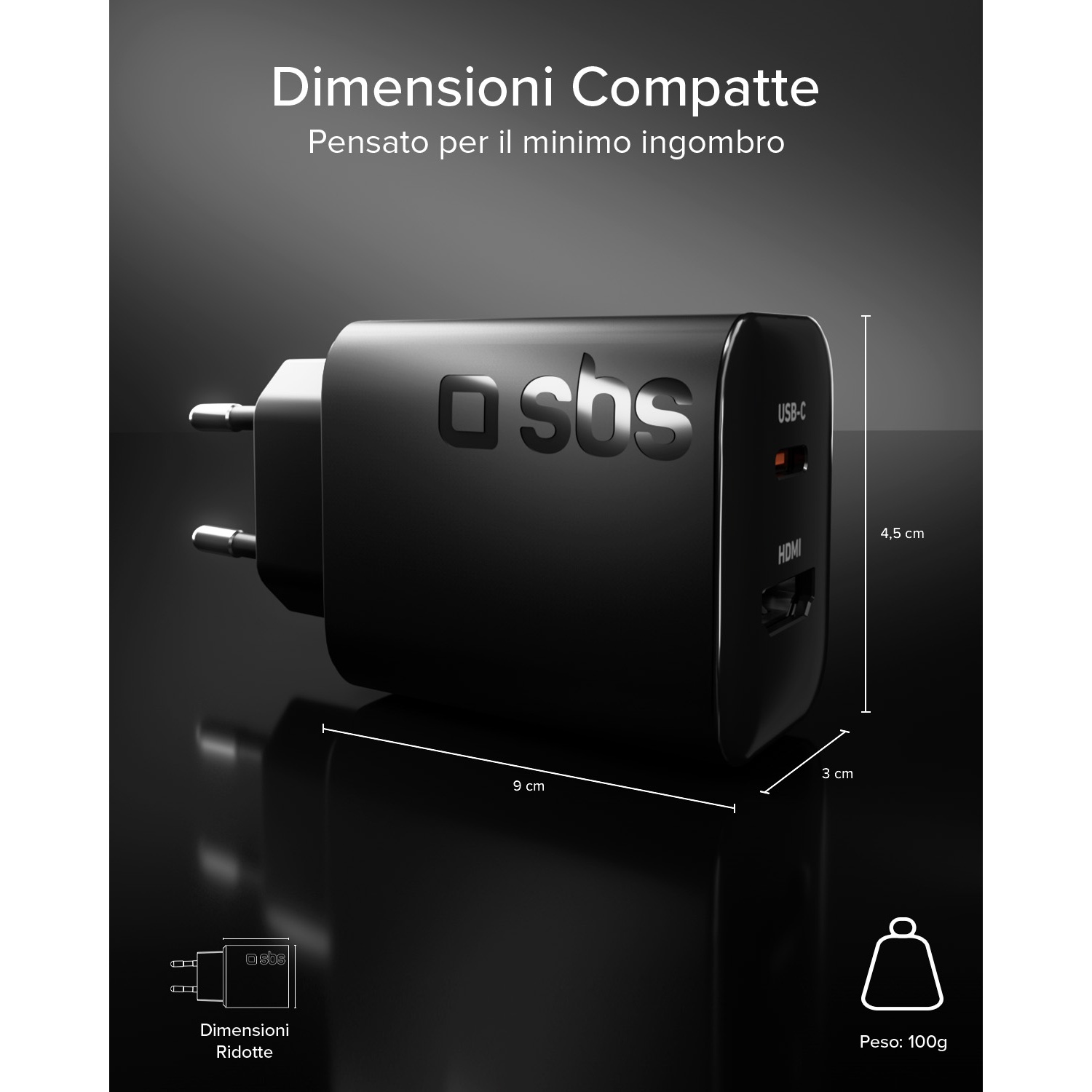 Alimentatore compatto nero con logo SBS, porte USB-C e HDMI.
