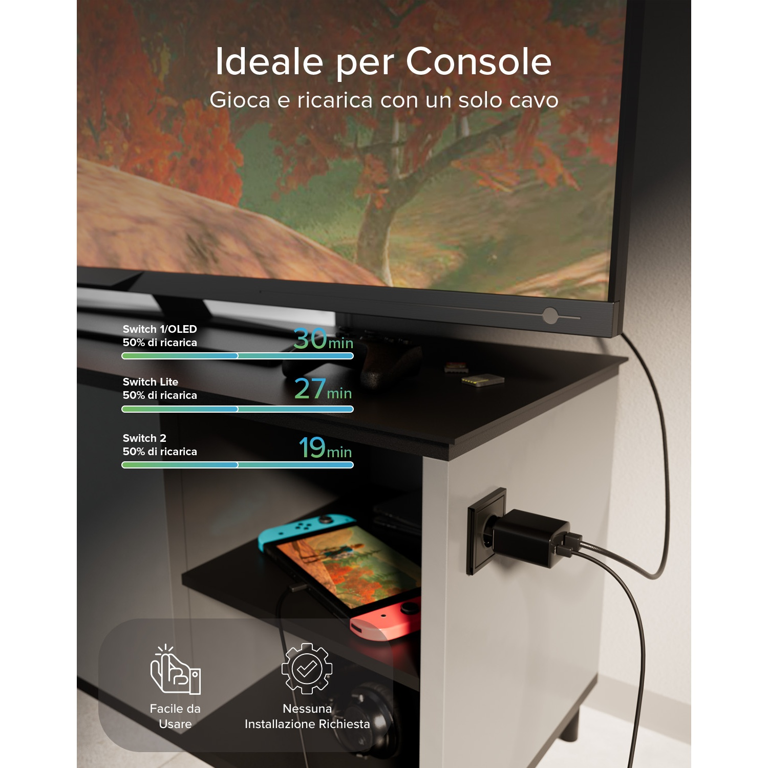 Nintendo Switch con indicatori di carica e adattatore di corrente.