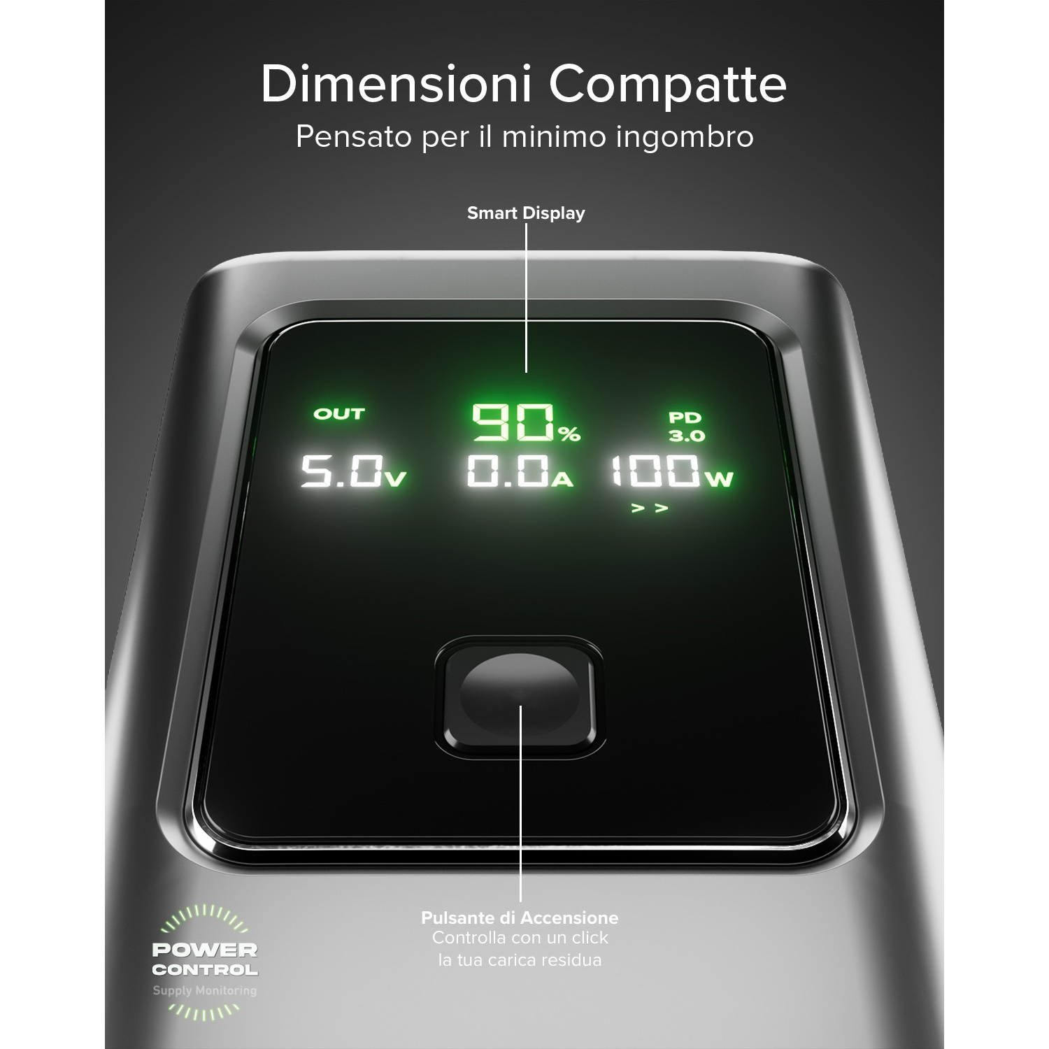 Display digitale mostra 90% batteria, 5.0V, 0.0A e 100W di potenza.