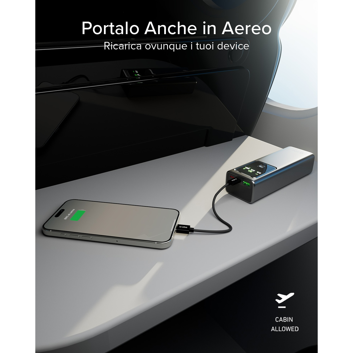 Uno smartphone si carica su un power bank all'interno di una cabina aerea.