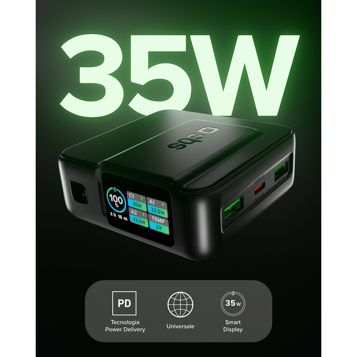 Caricatore nero da 35W con display: 100% carica, 2h 15m, 23°C.