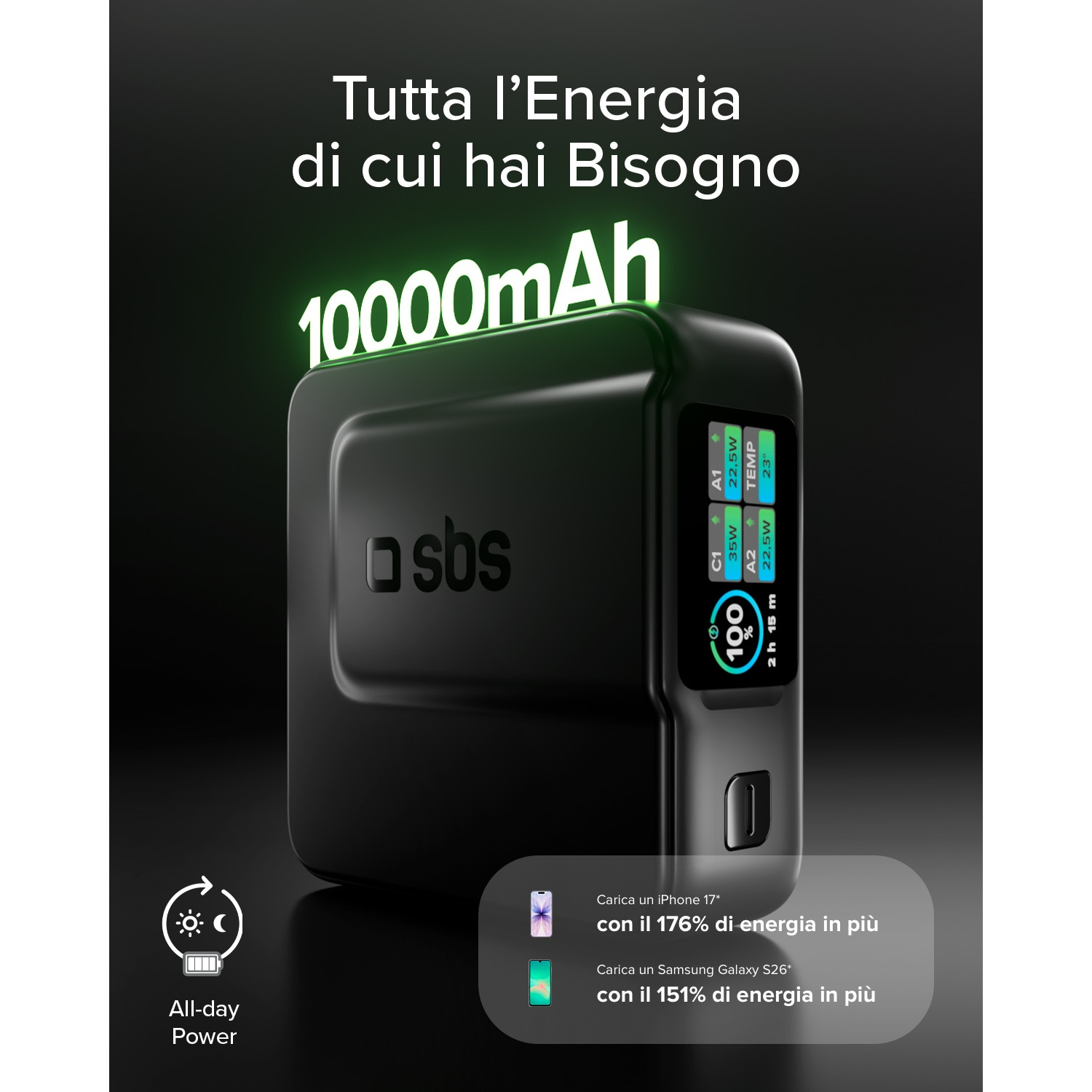Power bank SBS nera da 10000mAh con display digitale.